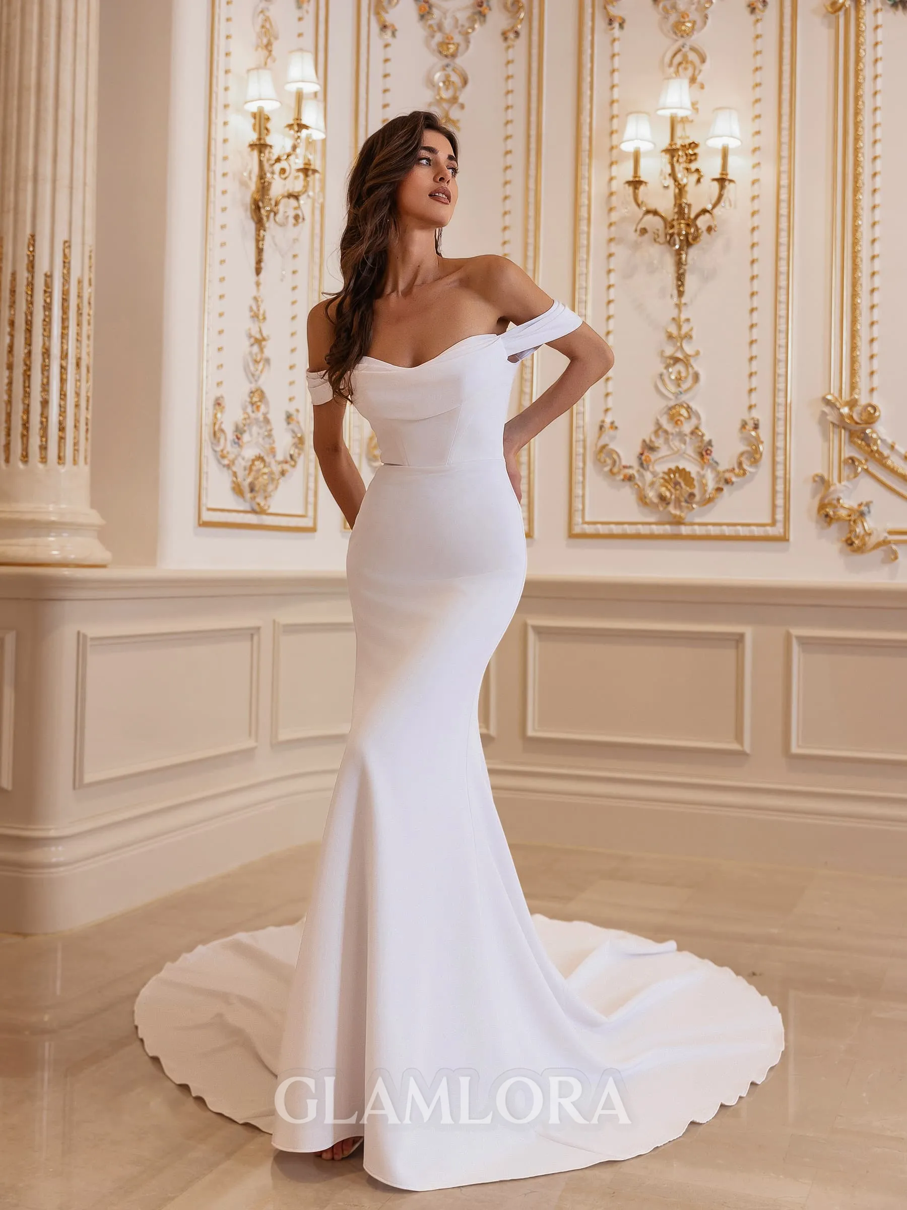 Gracious Sheath Off-the-Shoulder Pleated Cathedral Train Stretch Crepe Wedding Dress