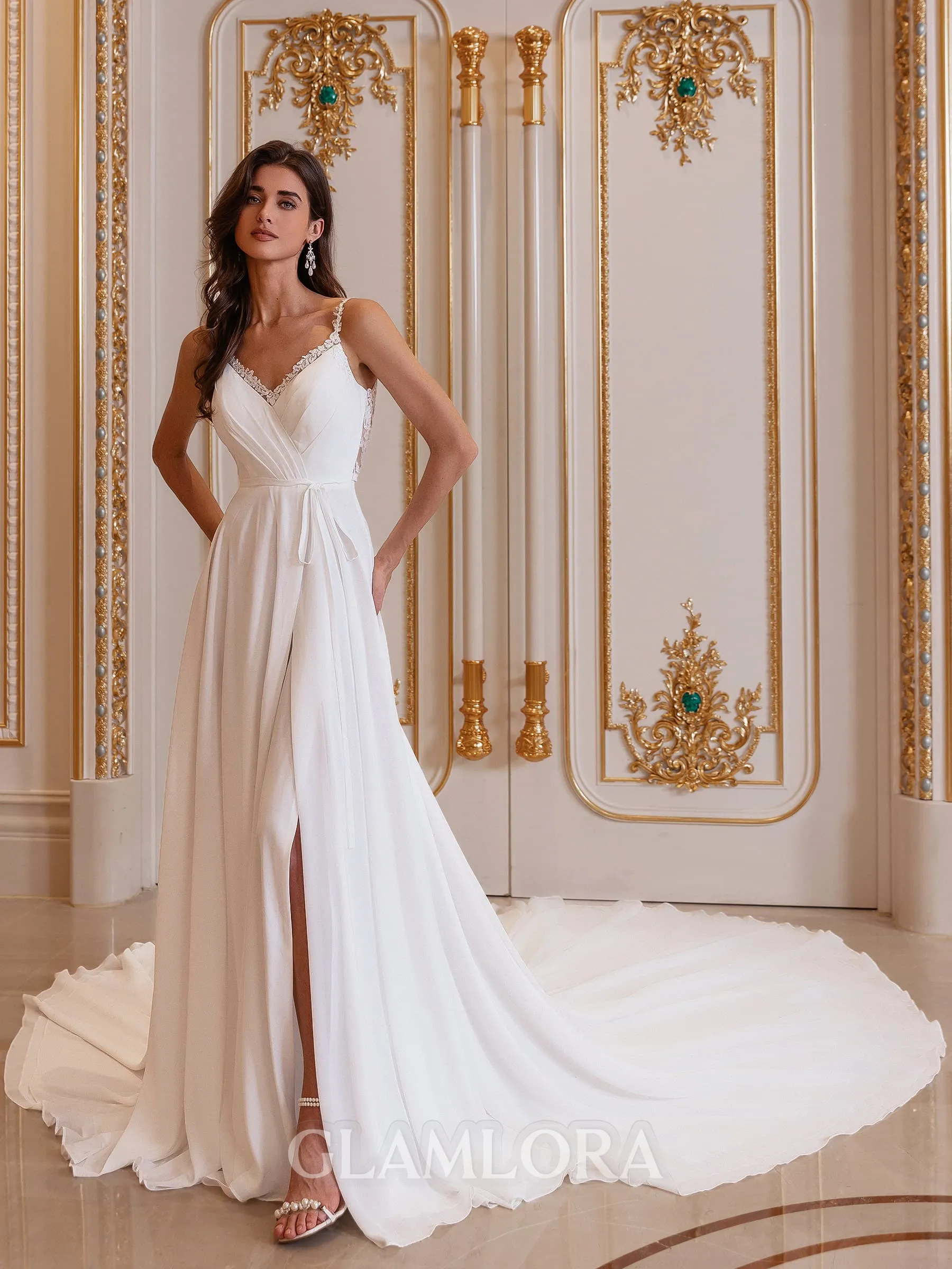 Noble A-line V-Neck Pleated Cathedral Train Chiffon Wedding Dress