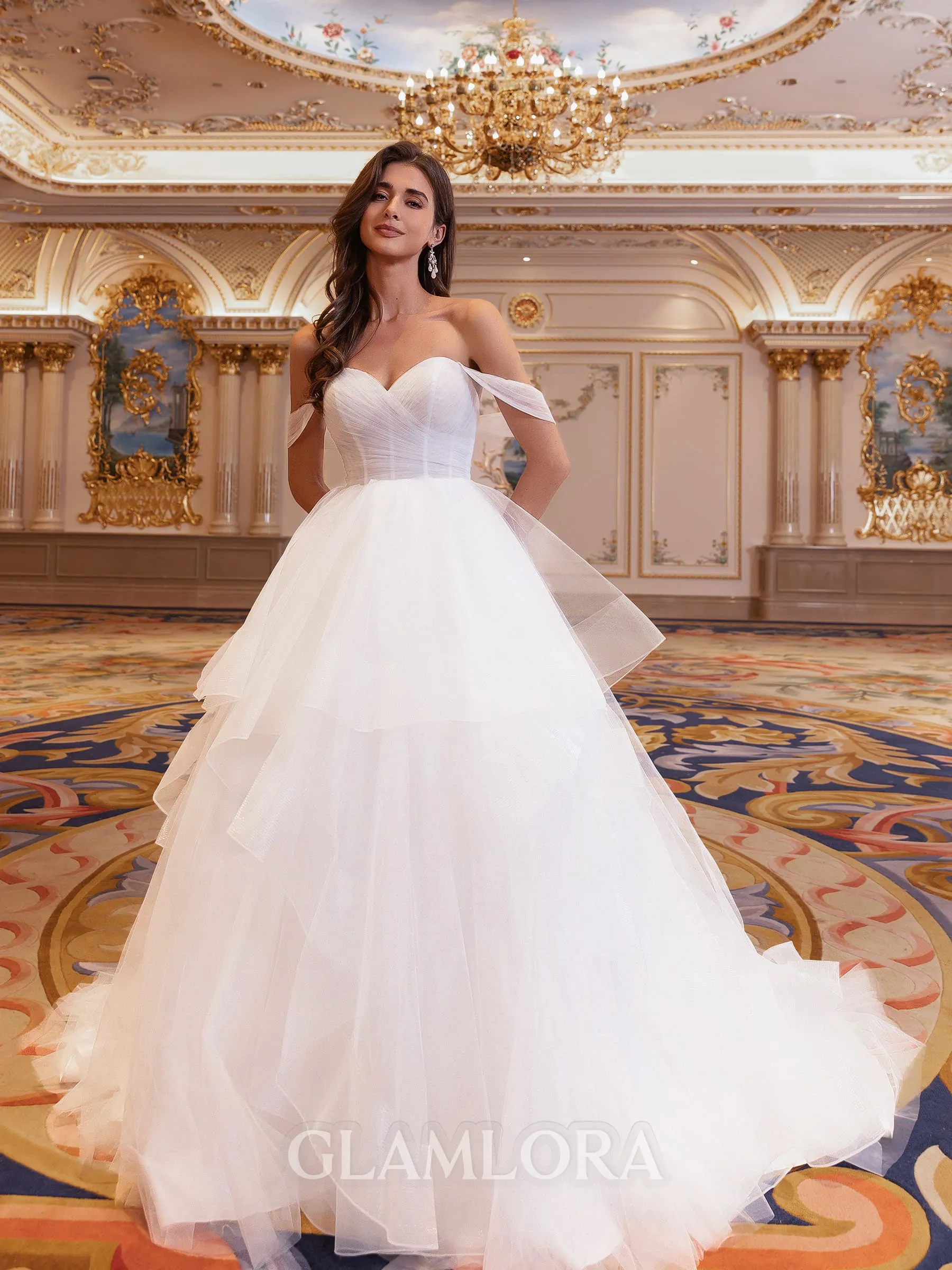 Tasteful Ball-Gown Off-the-Shoulder Cascading Ruffles Court Train Tulle Corset Wedding Dress