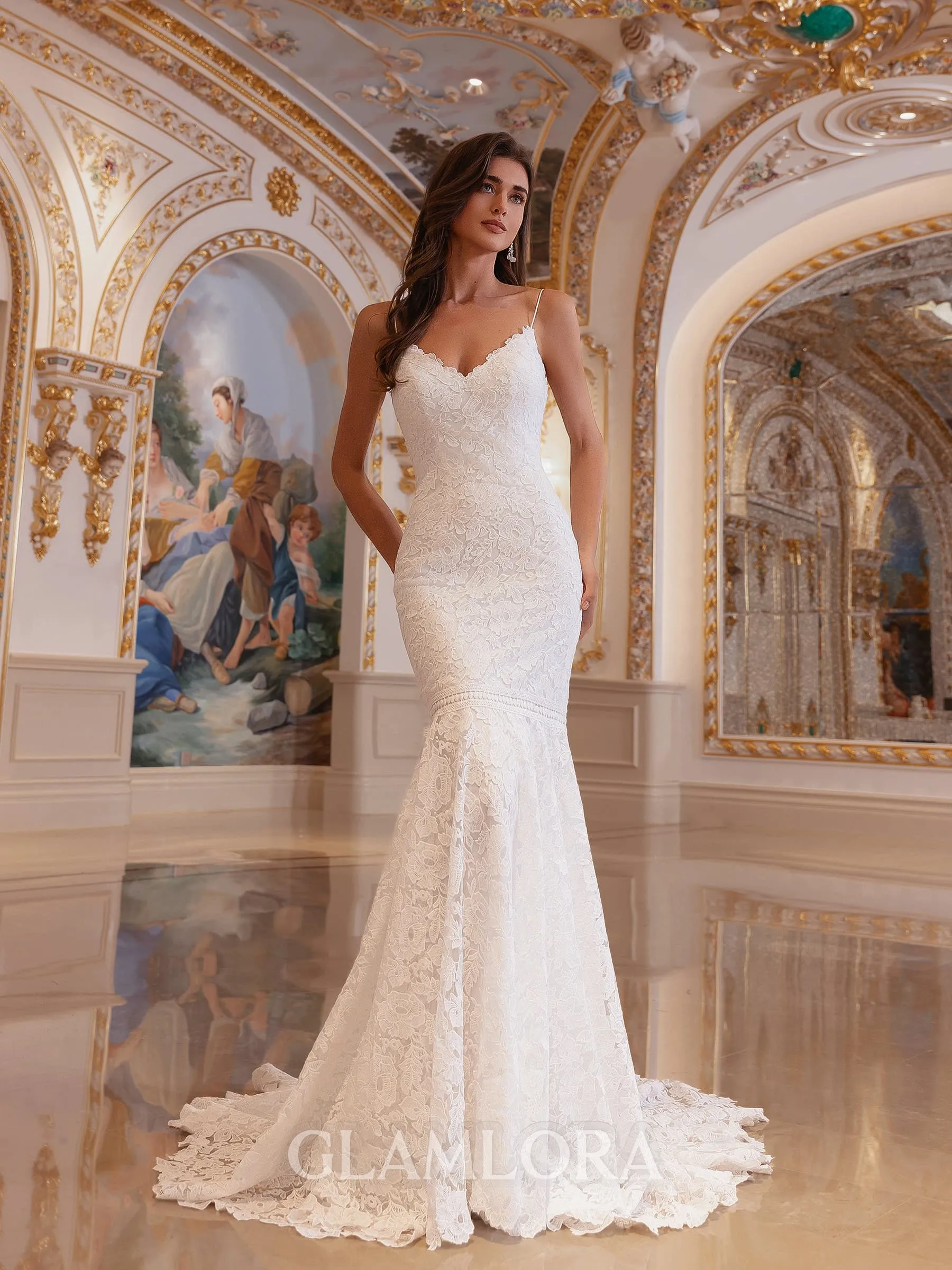 Unique Sheath V-Neck Appliques Lace Court Train Lace Wedding Dress