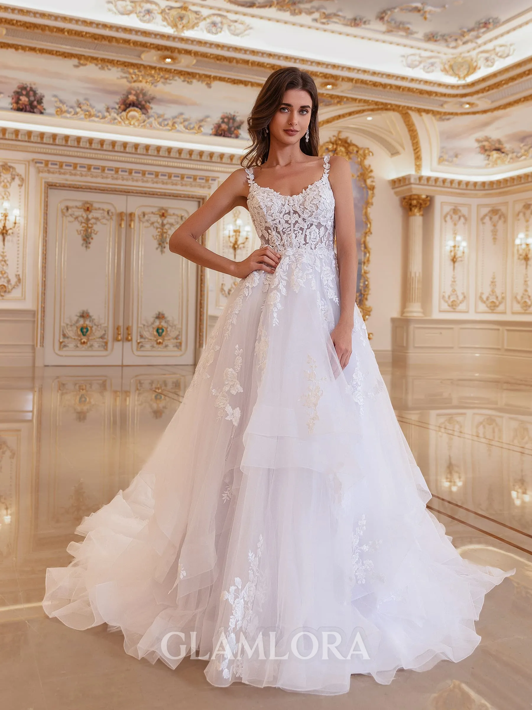 Refined Ball-Gown V-Neck Appliques Lace Cathedral Train Tulle Wedding Dress