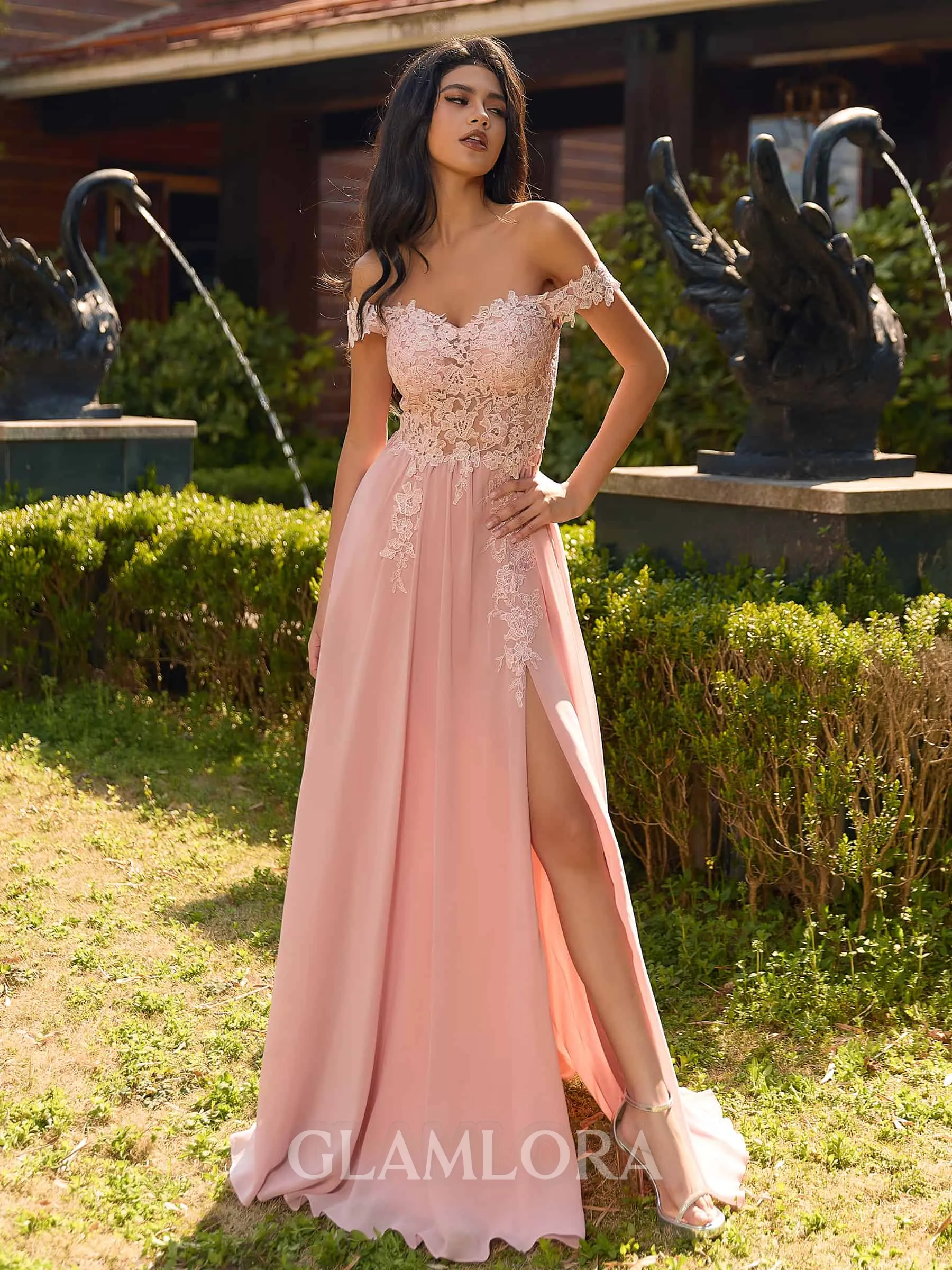Fashion A-line Off-the-Shoulder Appliques Lace Floor-Length Chiffon Bridesmaid Dress