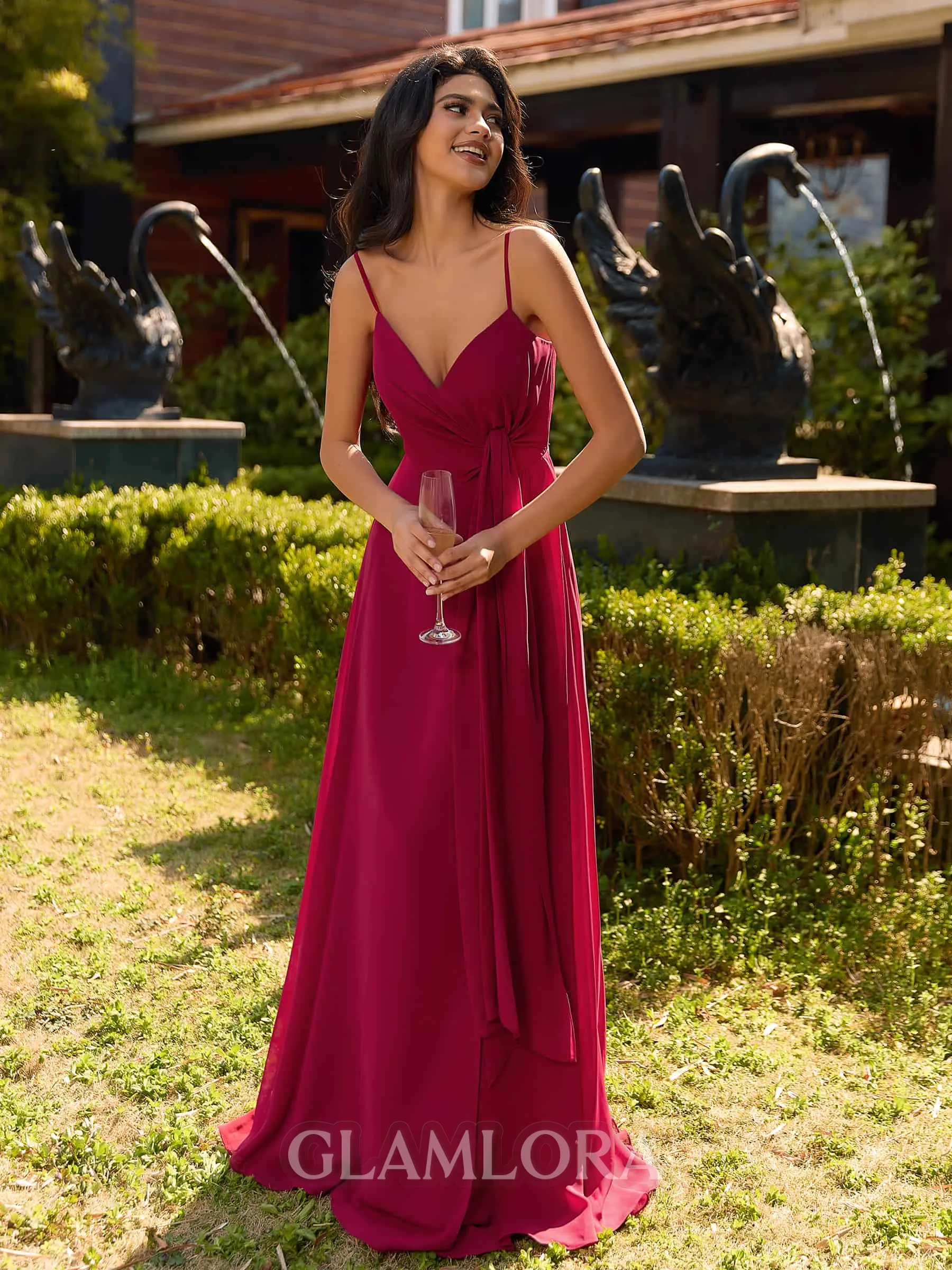 Glam A-line V-Neck Pleated Floor-Length Chiffon Bridesmaid Dress