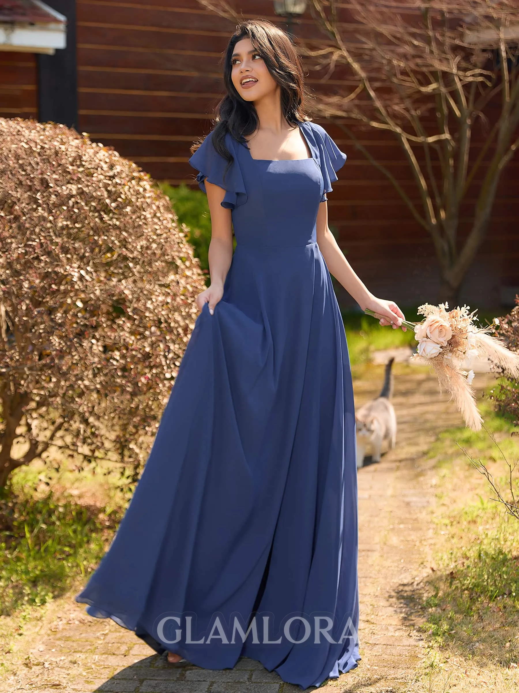 Unique A-line Square Short Sleeves Floor-Length Chiffon Bridesmaid Dress
