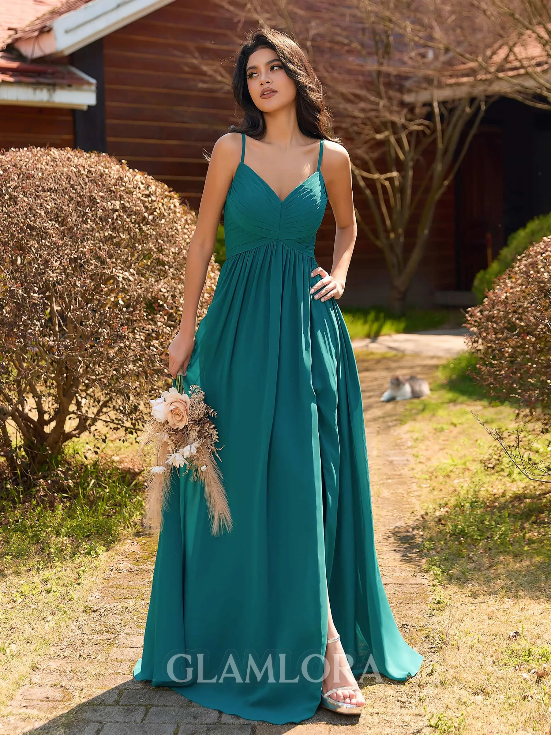 Pretty A-line V-Neck Pleated Floor-Length Chiffon Bridesmaid Dress