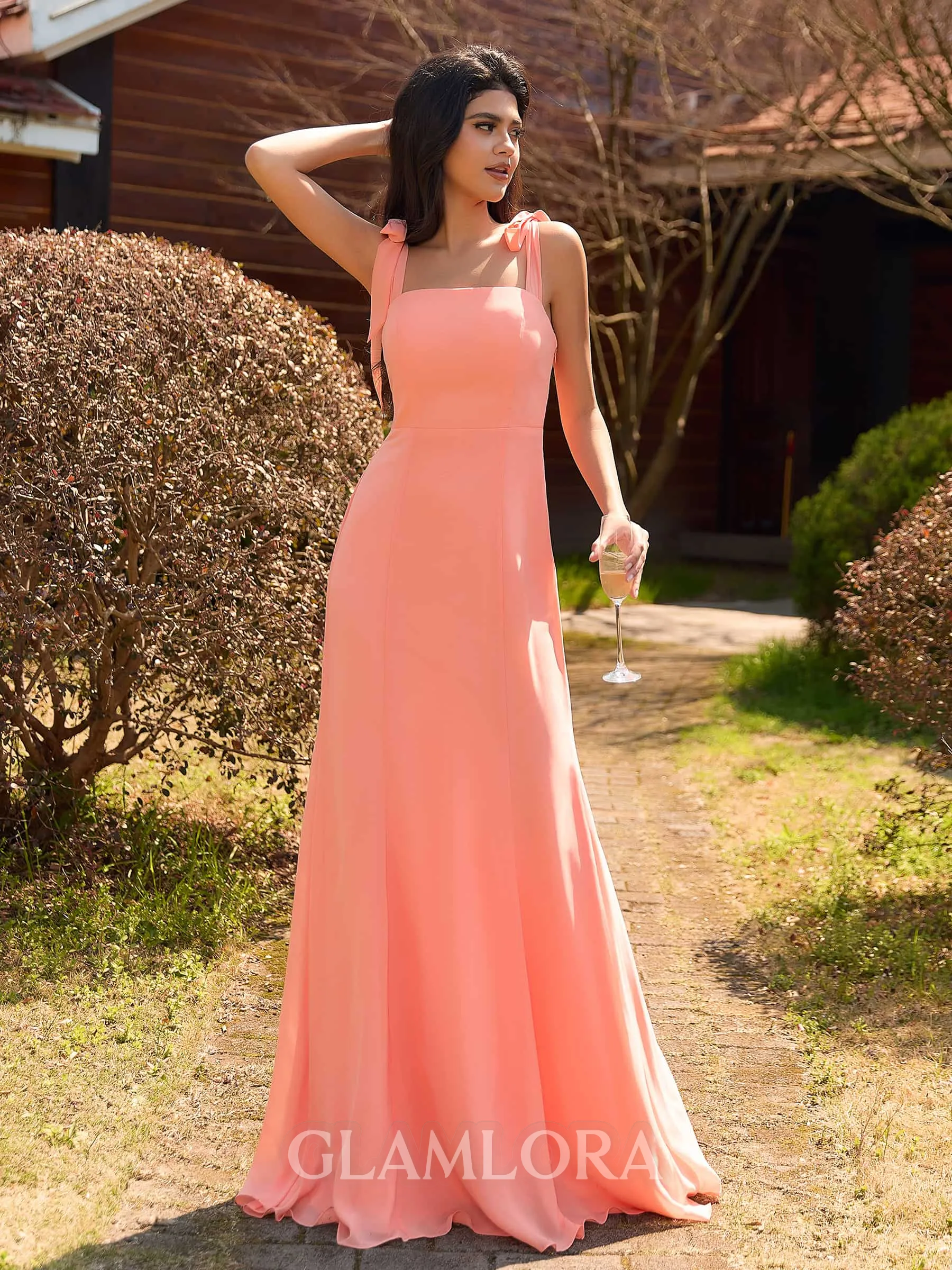 Hot Sheath Square Bow Floor-Length Chiffon Bridesmaid Dress