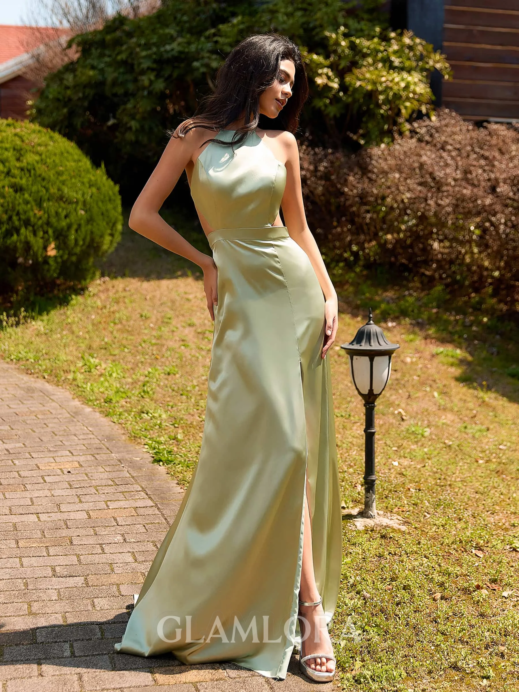 Glamorous A-line Halter Floor-Length Silk Like Satin Bridesmaid Dress