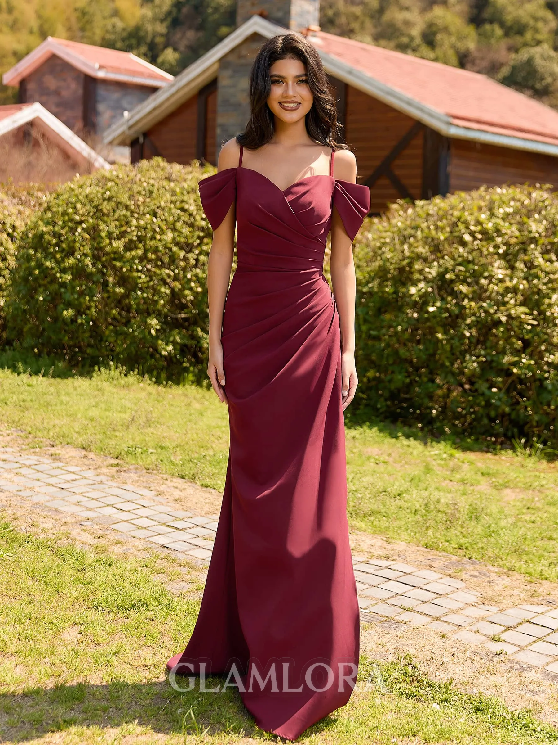 Stunning Sheath Cold Shoulder Pleated Sweep Train Stretch Crepe Bridesmaid Dress