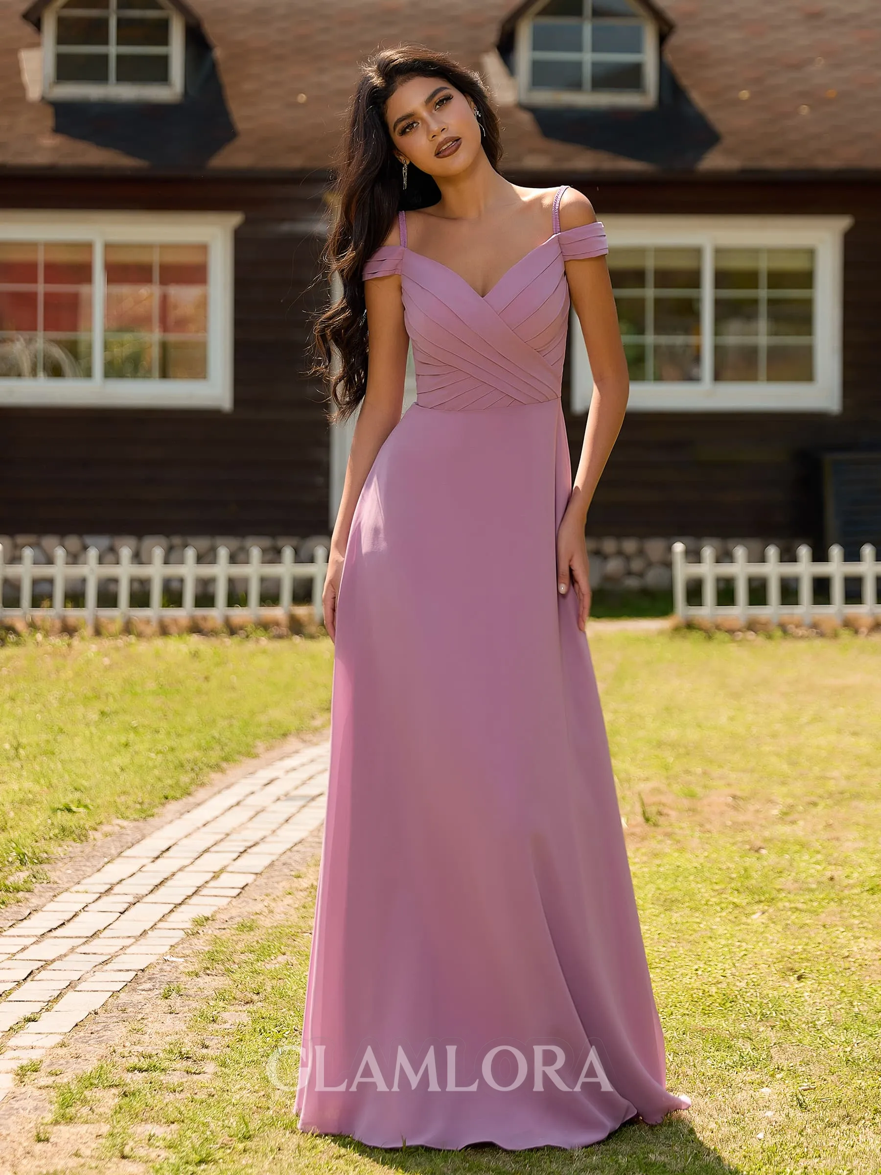 Enchanting A-line Off-the-Shoulder Pleated Floor-Length Chiffon Bridesmaid Dress