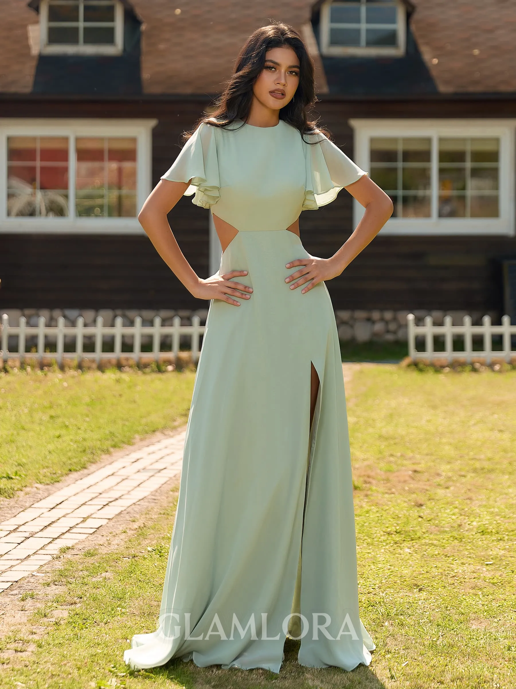 Breathtaking A-line Scoop Short Sleeves Floor-Length Chiffon Bridesmaid Dress