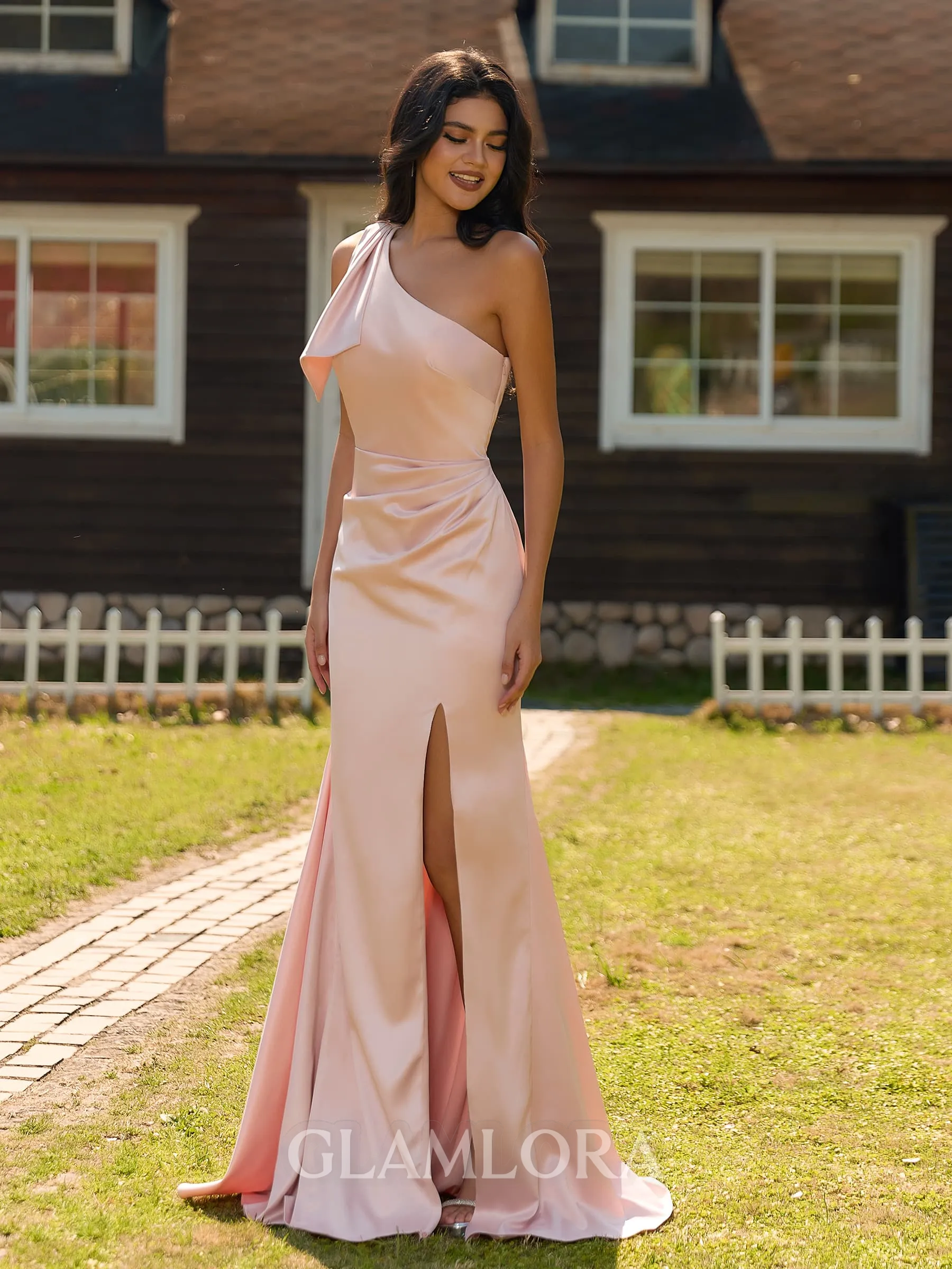 Gorgeous Sheath One-Shoulder Bow Floor-Length Charmeuse Bridesmaid Dress