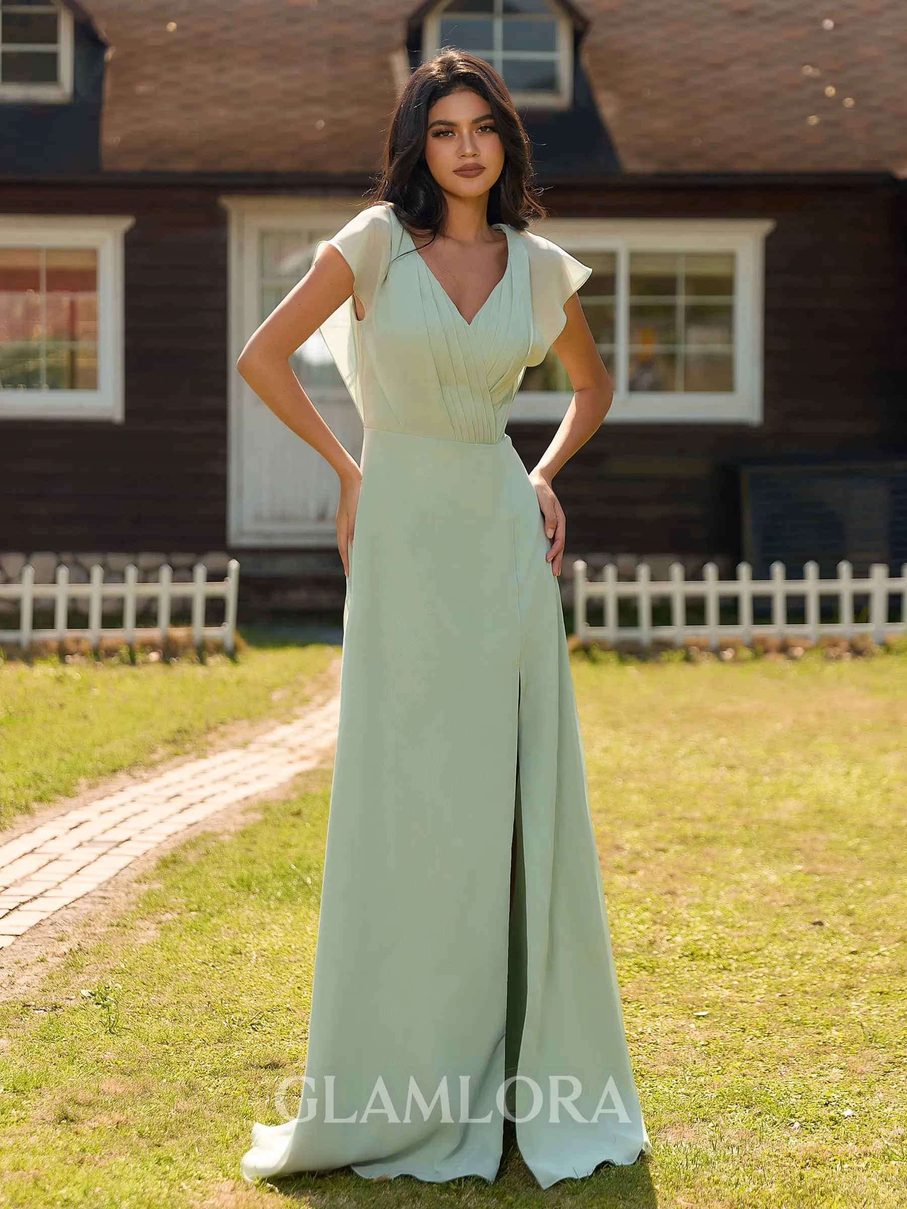 Luxurious A-line V-Neck Short Sleeves Pleated Floor-Length Chiffon Bridesmaid Dress