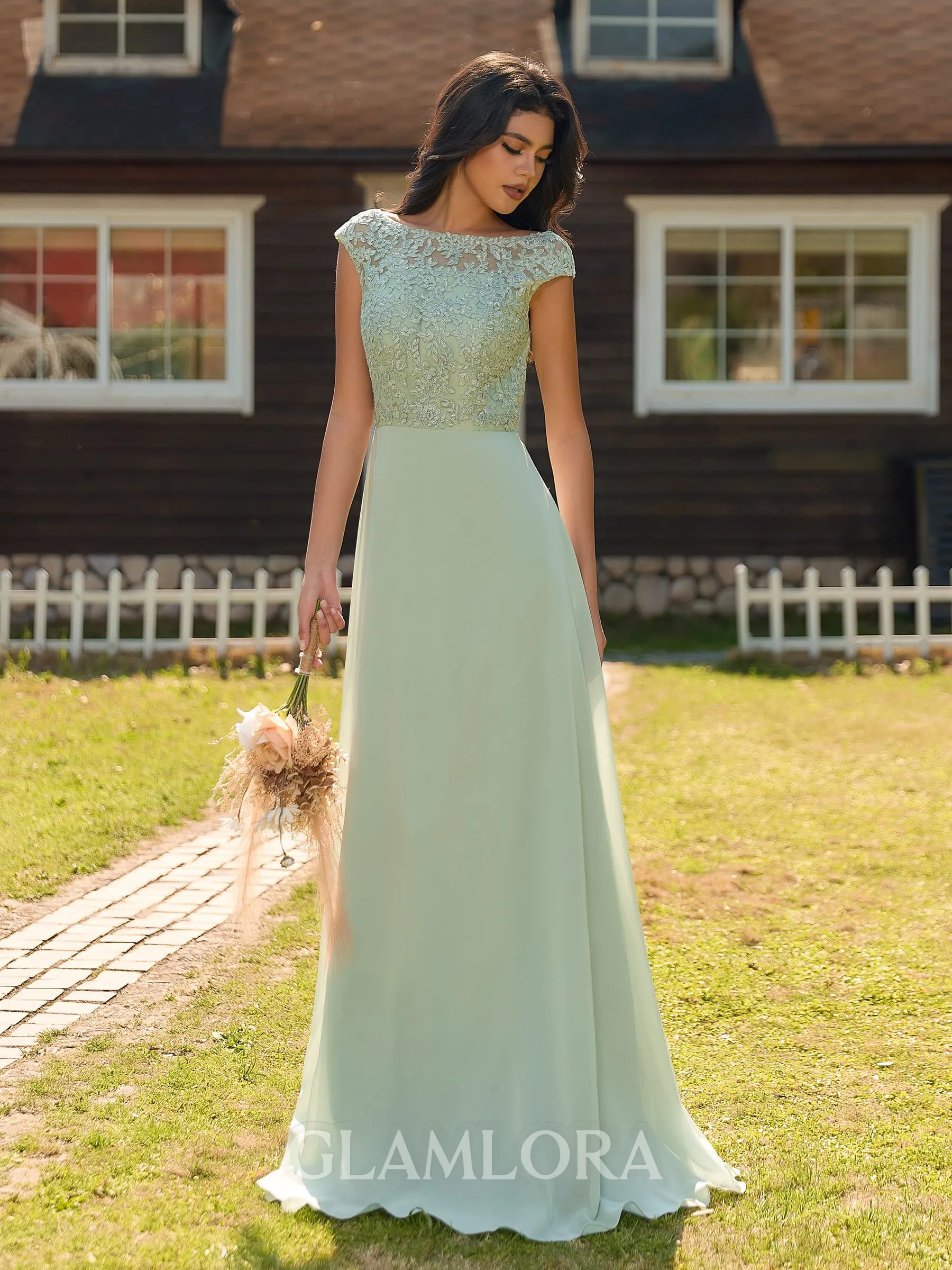 Mesmerizing A-line Scoop Cap Sleeves Appliques Lace Floor-Length Chiffon Bridesmaid Dress