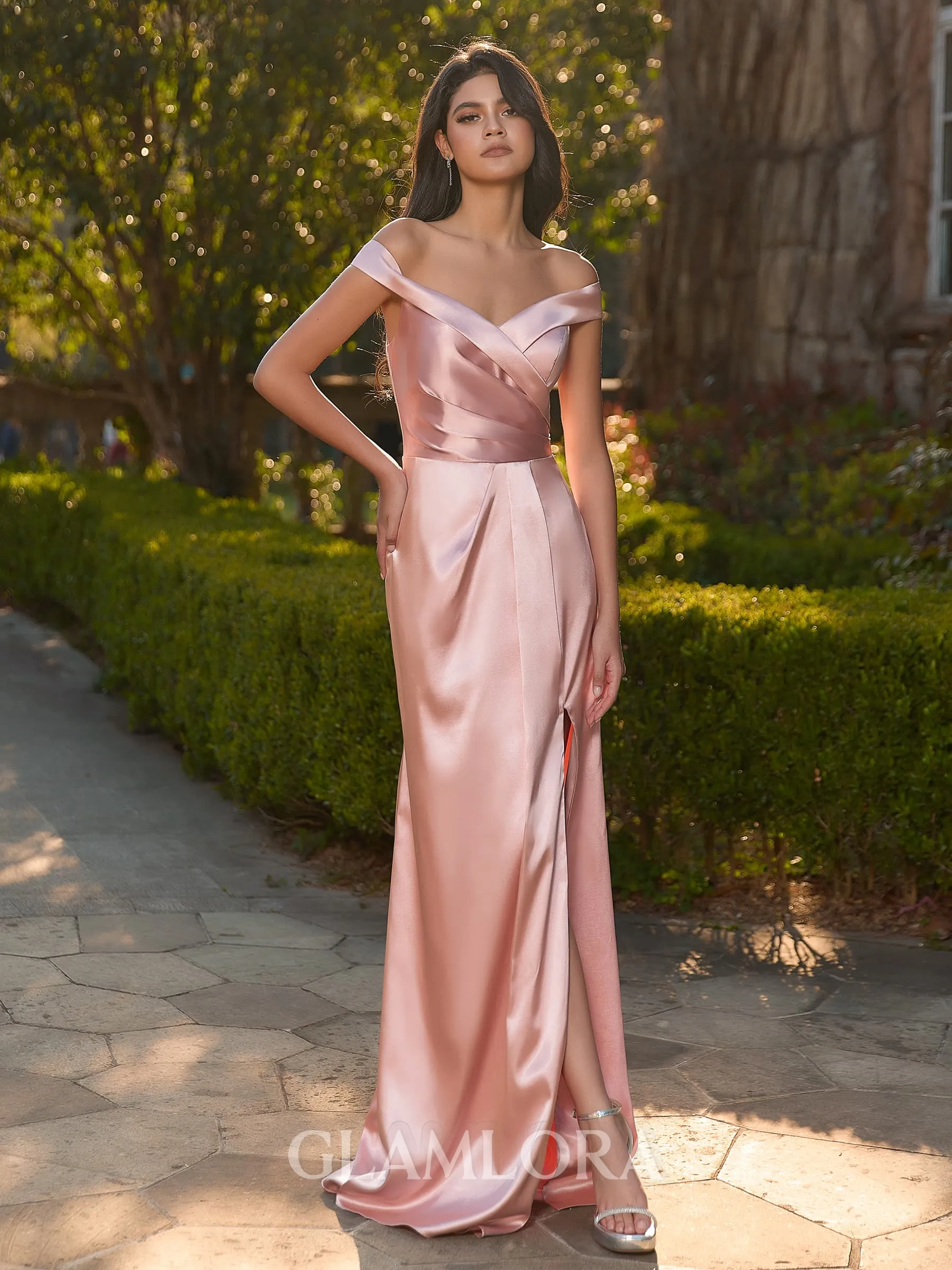 Hermosos Sheath Off-the-Shoulder Pleated Floor-Length Silk like Satin Bridesmaid Dress