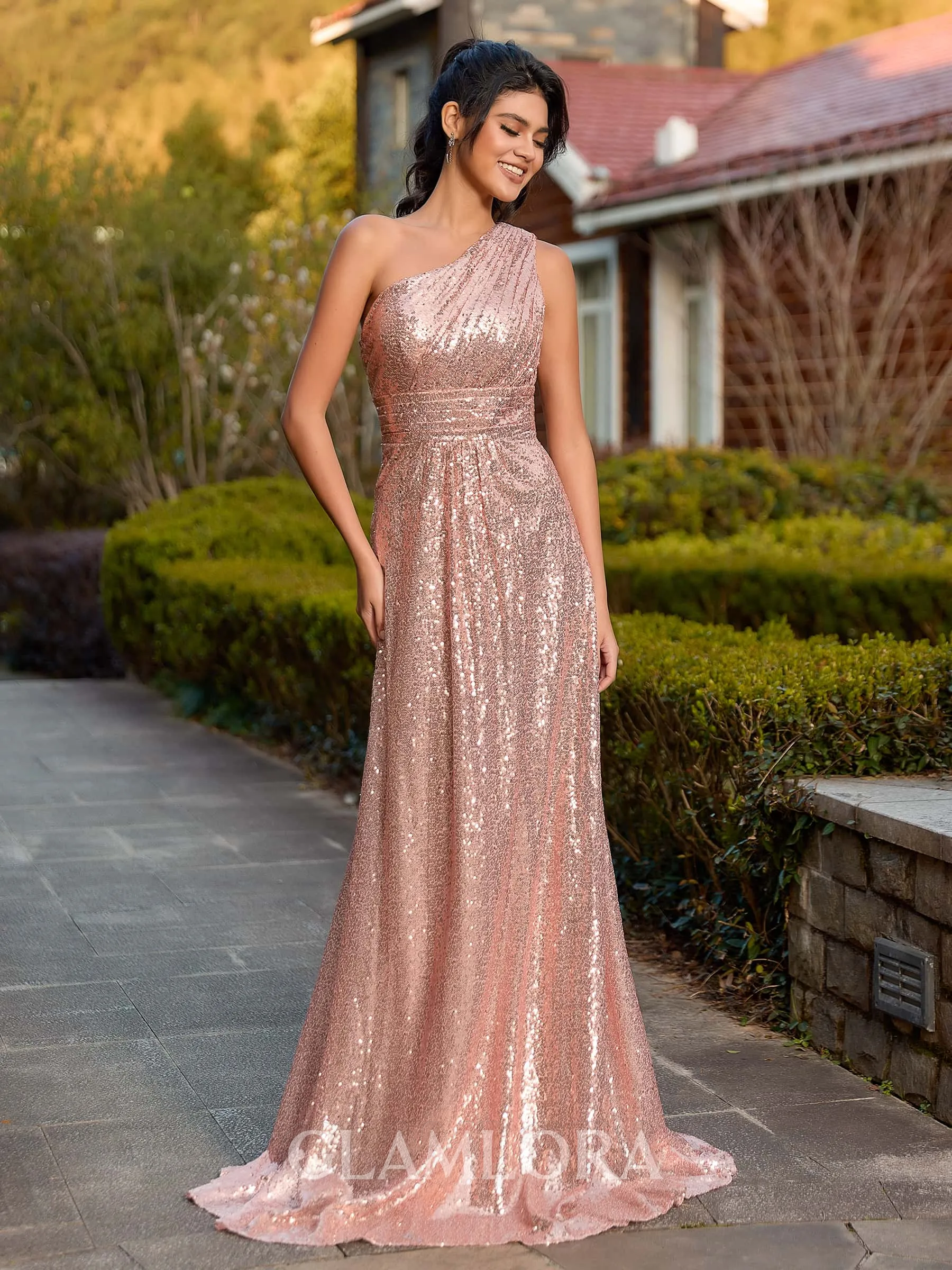 Glam A-line One-Shoulder Pleated Floor-Length Sequins Bridesmaid Dress