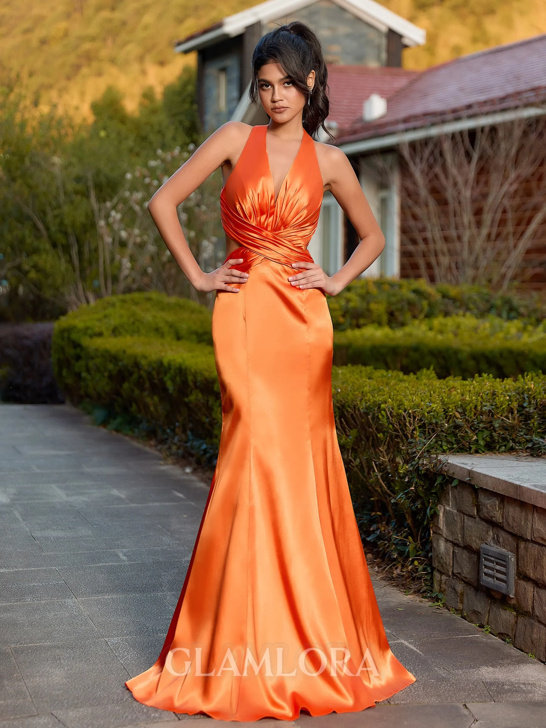 Pretty Sheath V-Neck Pleated Floor-Length Silk like Satin Bridesmaid Dress