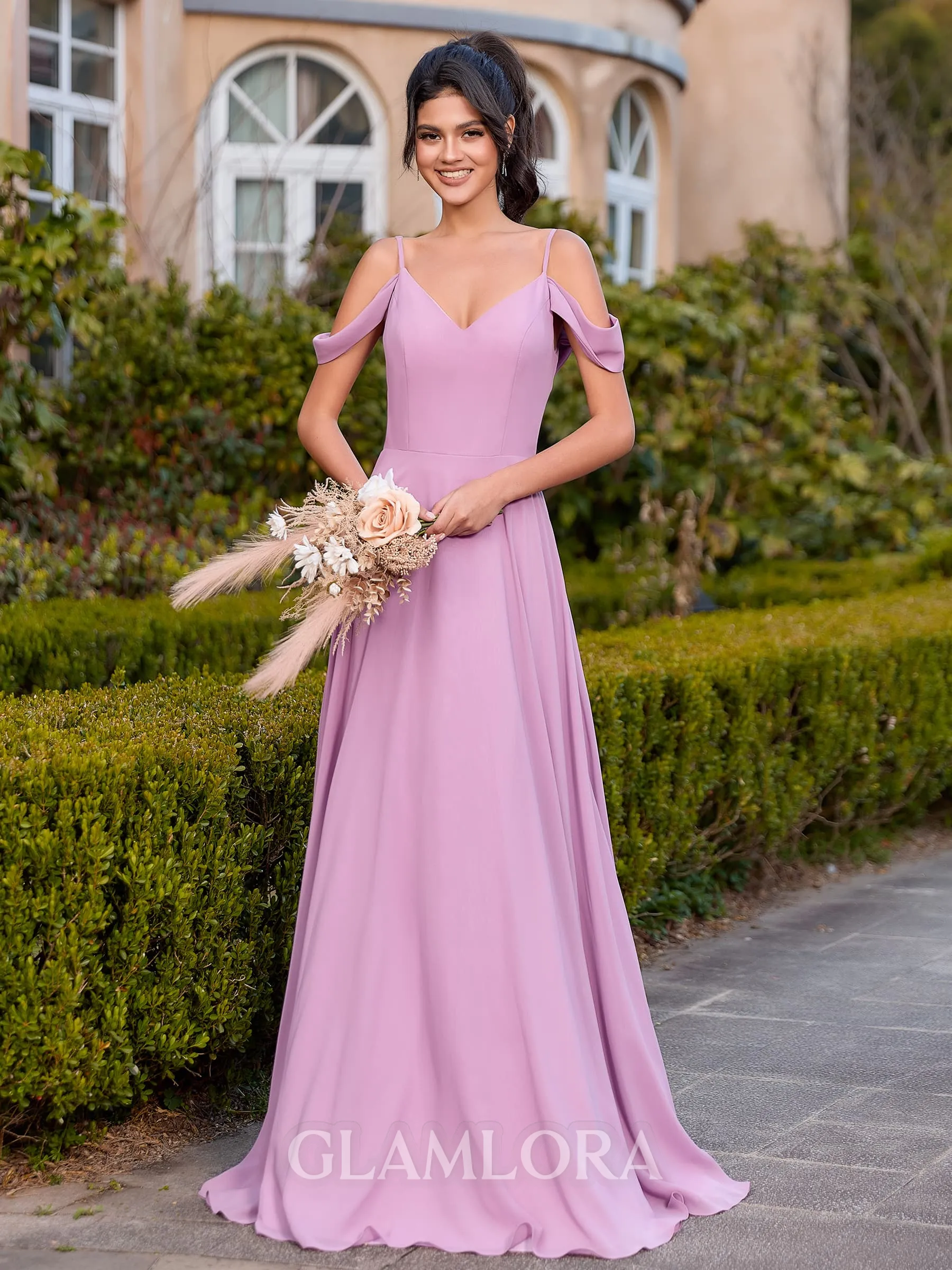 Hot A-line Cold Shoulder Pleated Floor-Length Chiffon Bridesmaid Dress