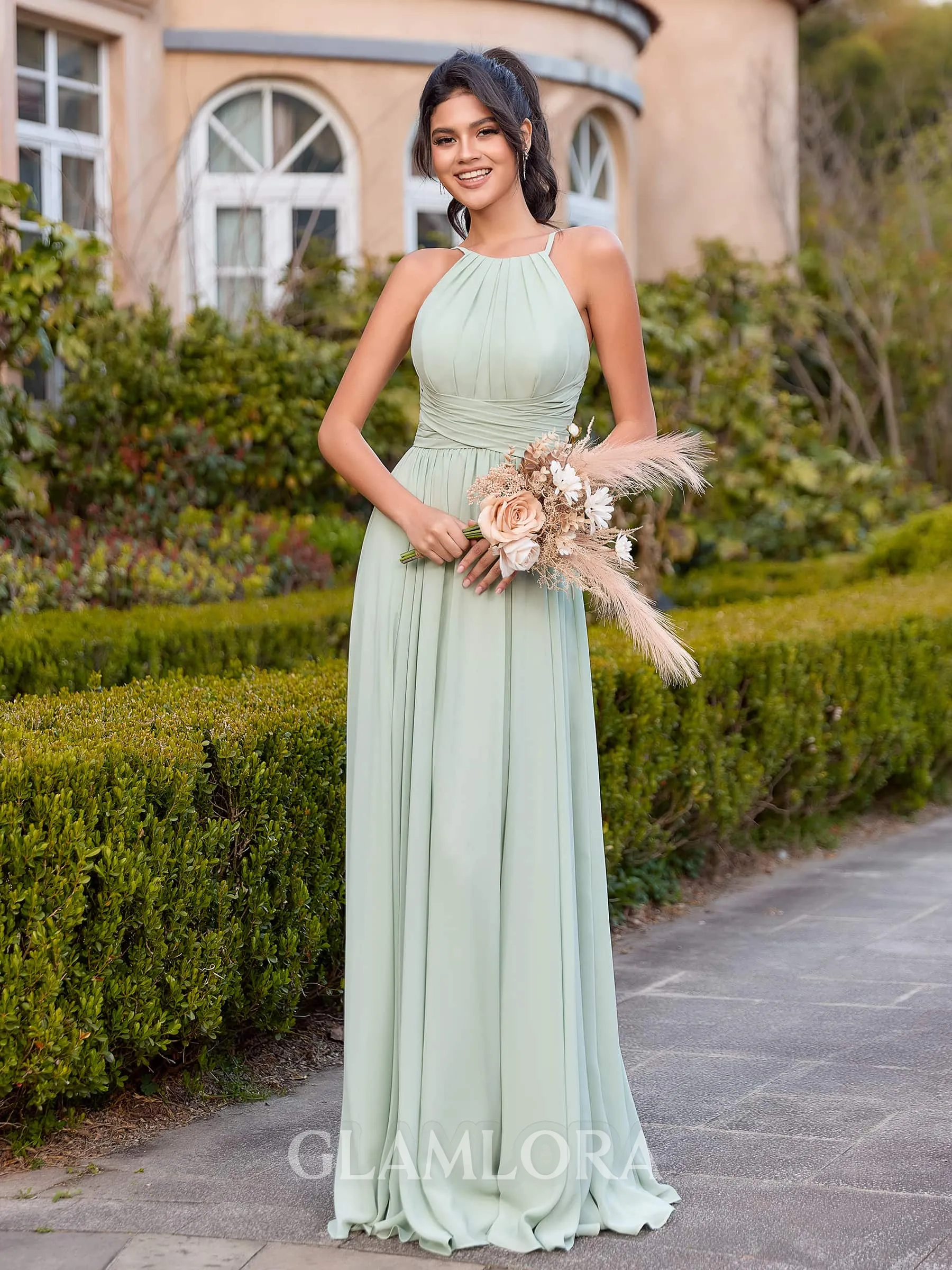 Delicate A-line Halter Pleated Floor-Length Chiffon Bridesmaid Dress