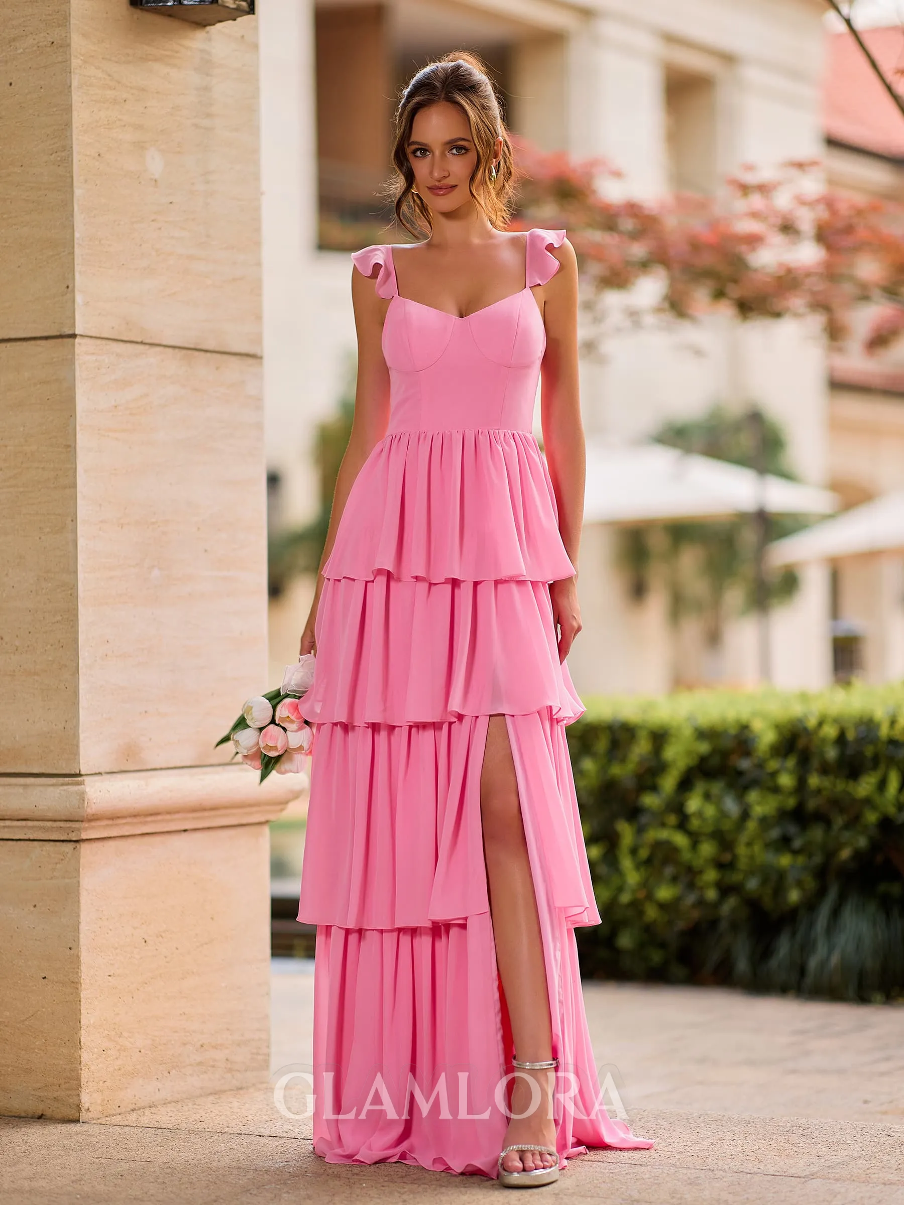 Fashion A-line Straps Cascading Ruffles Floor-Length Chiffon Bridesmaid Dress