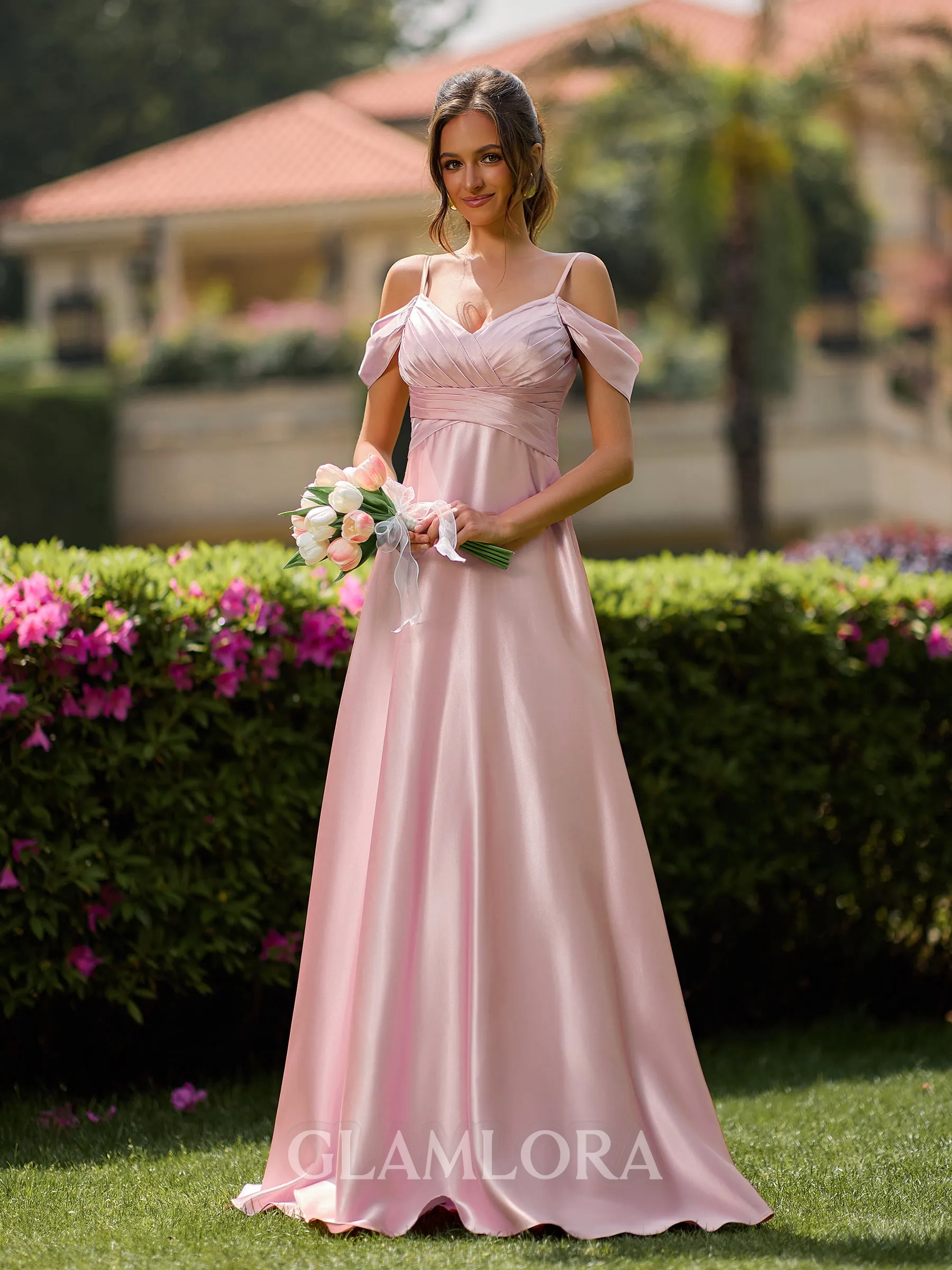 Delicate A-line Cold Shoulder Pleated Floor-Length Silk like Satin Bridesmaid Dress