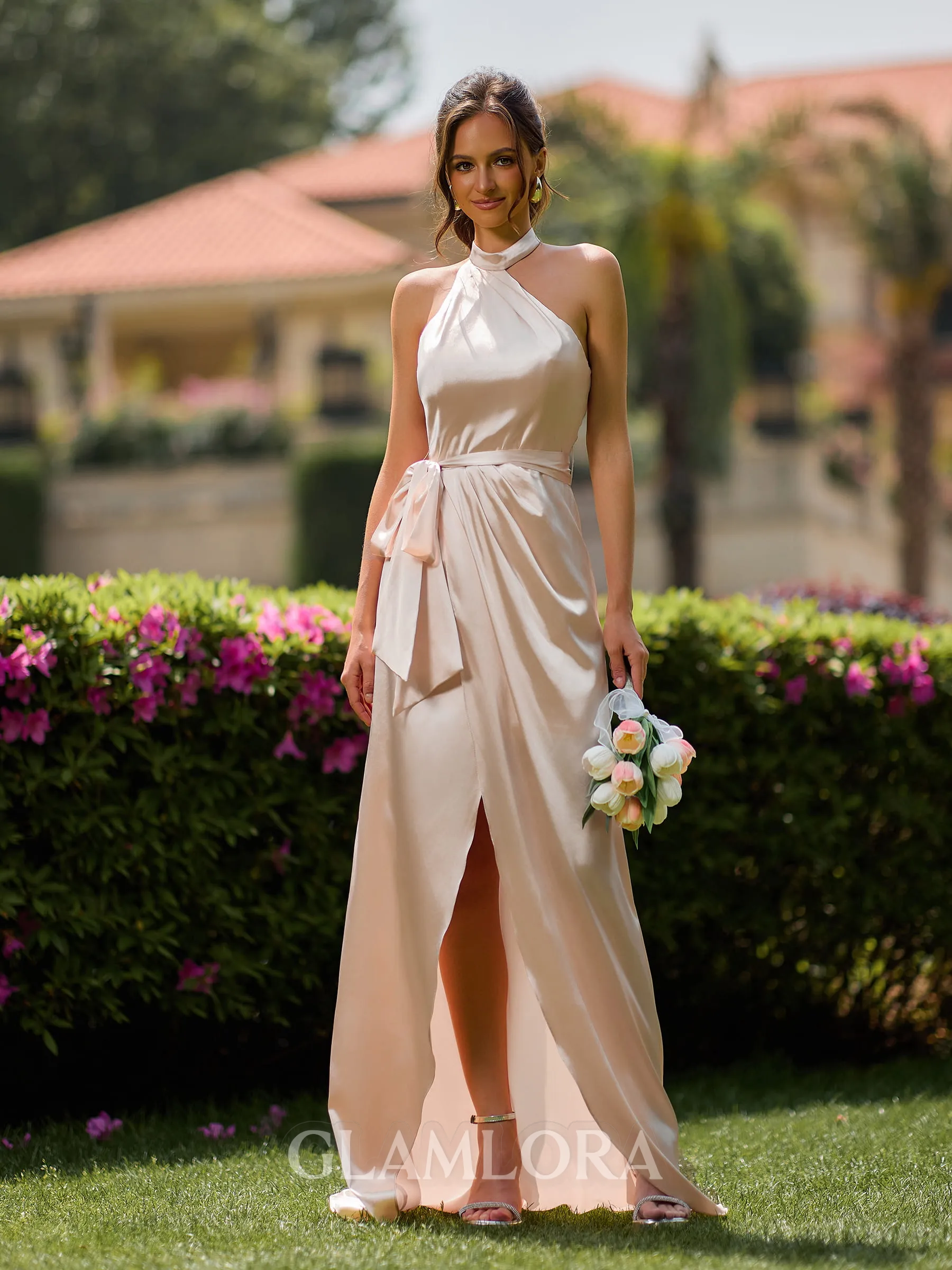 Splendid Sheath Halter Sash/Ribbon/Belt Sweep Train Silk like Satin Bridesmaid Dress