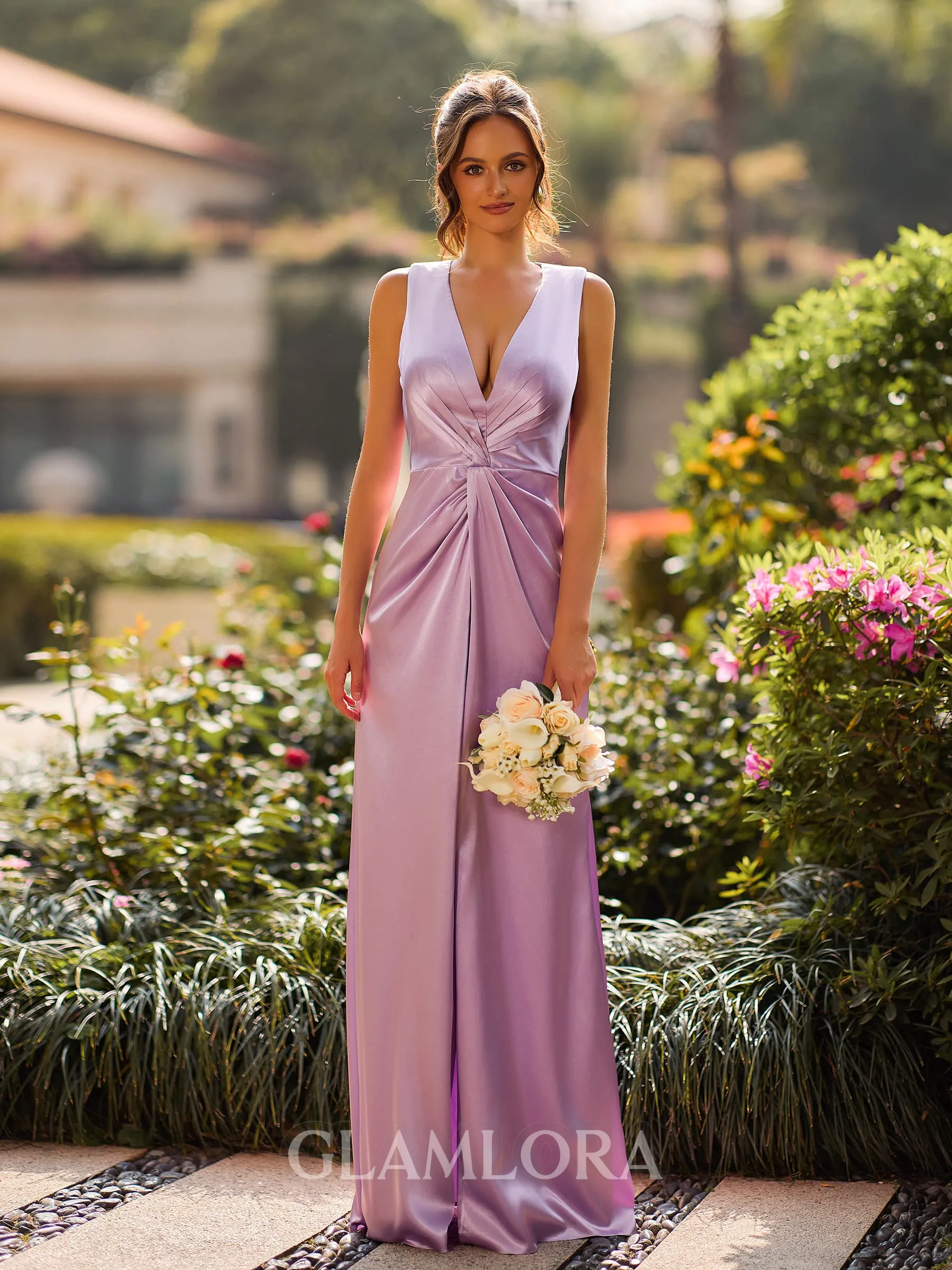 Graceful Sheath V-Neck Pleated Floor-Length Silk Like Satin Bridesmaid Dress
