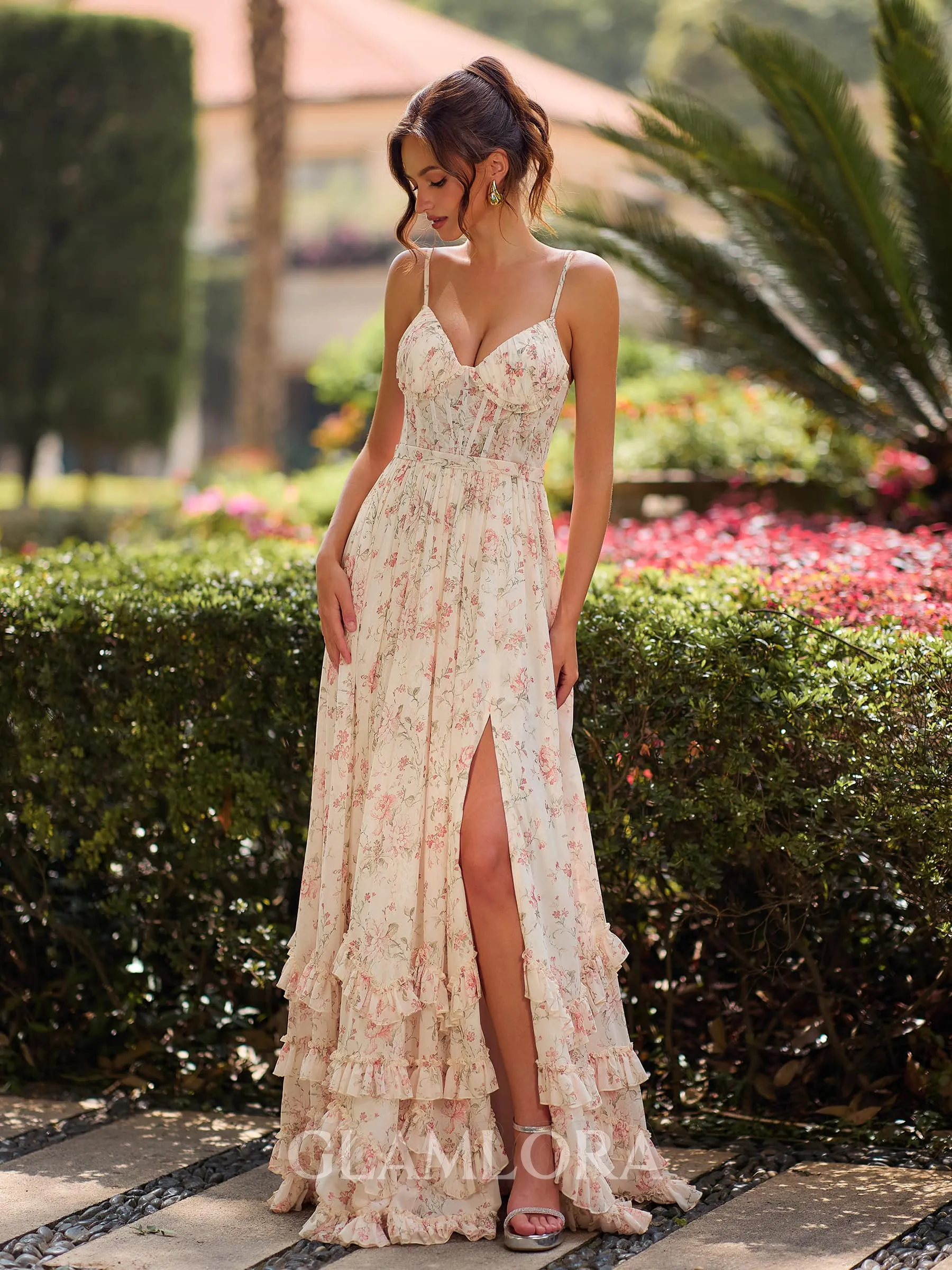 Breathtaking A-line V-Neck Ruffles Floor-Length Corset Bridesmaid Dress