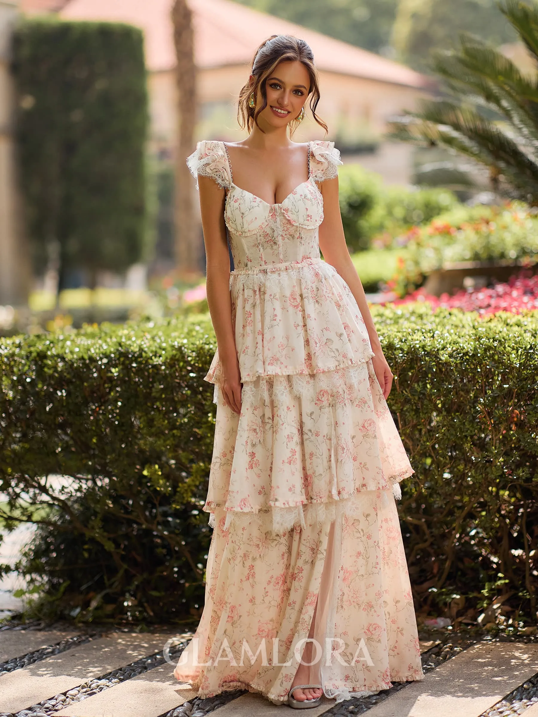 Gorgeous A-line Square Cascading Ruffles Floor-Length Corset Bridesmaid Dress