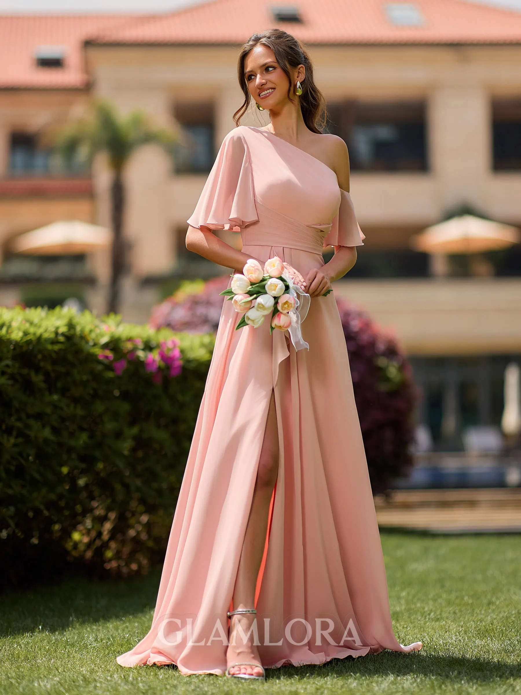 Luxurious A-line Short Sleeves Ruffles Floor-Length Chiffon Bridesmaid Dress