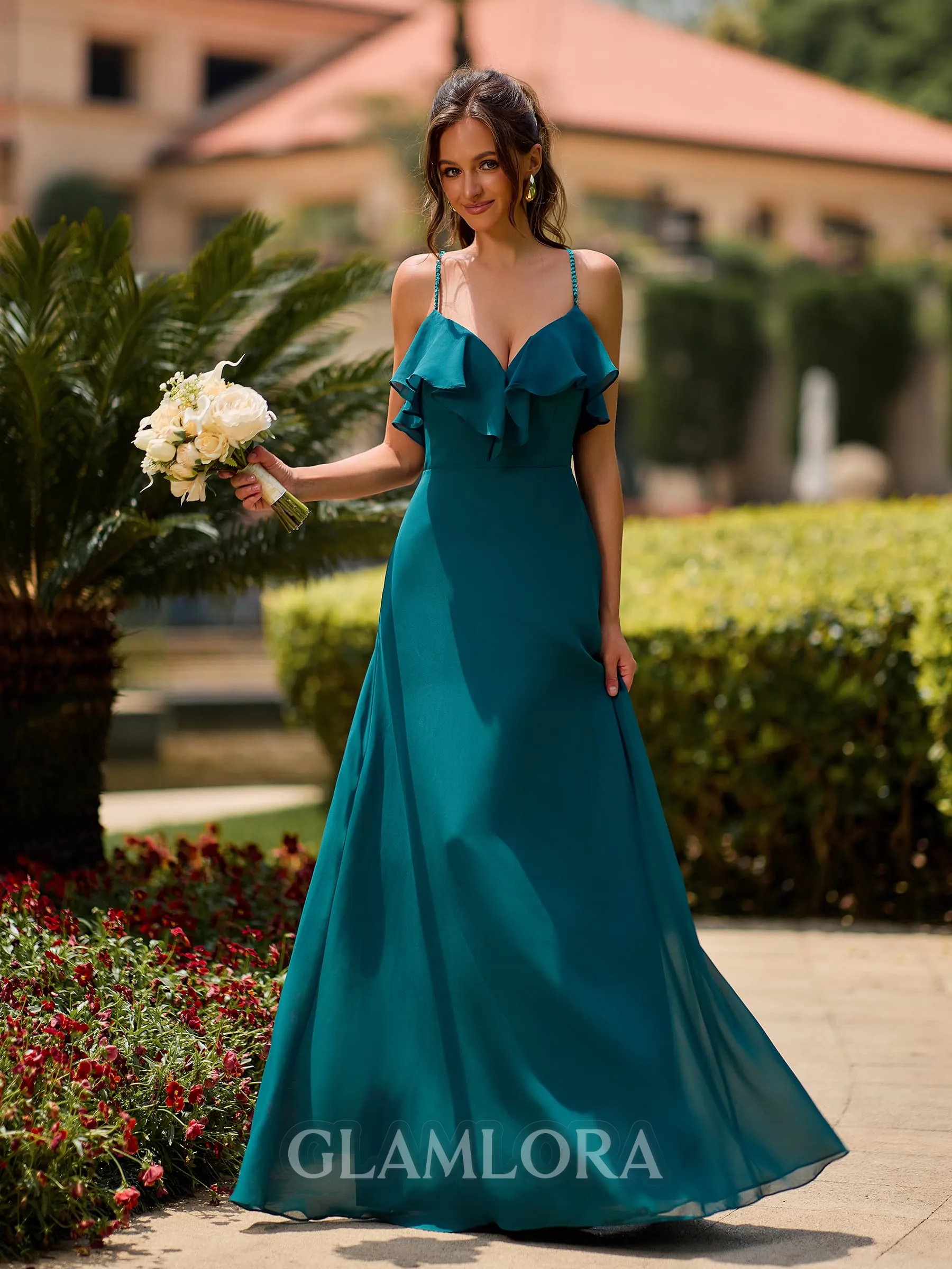 Glamorous A-line V-Neck Ruffles Floor-Length Chiffon Bridesmaid Dress