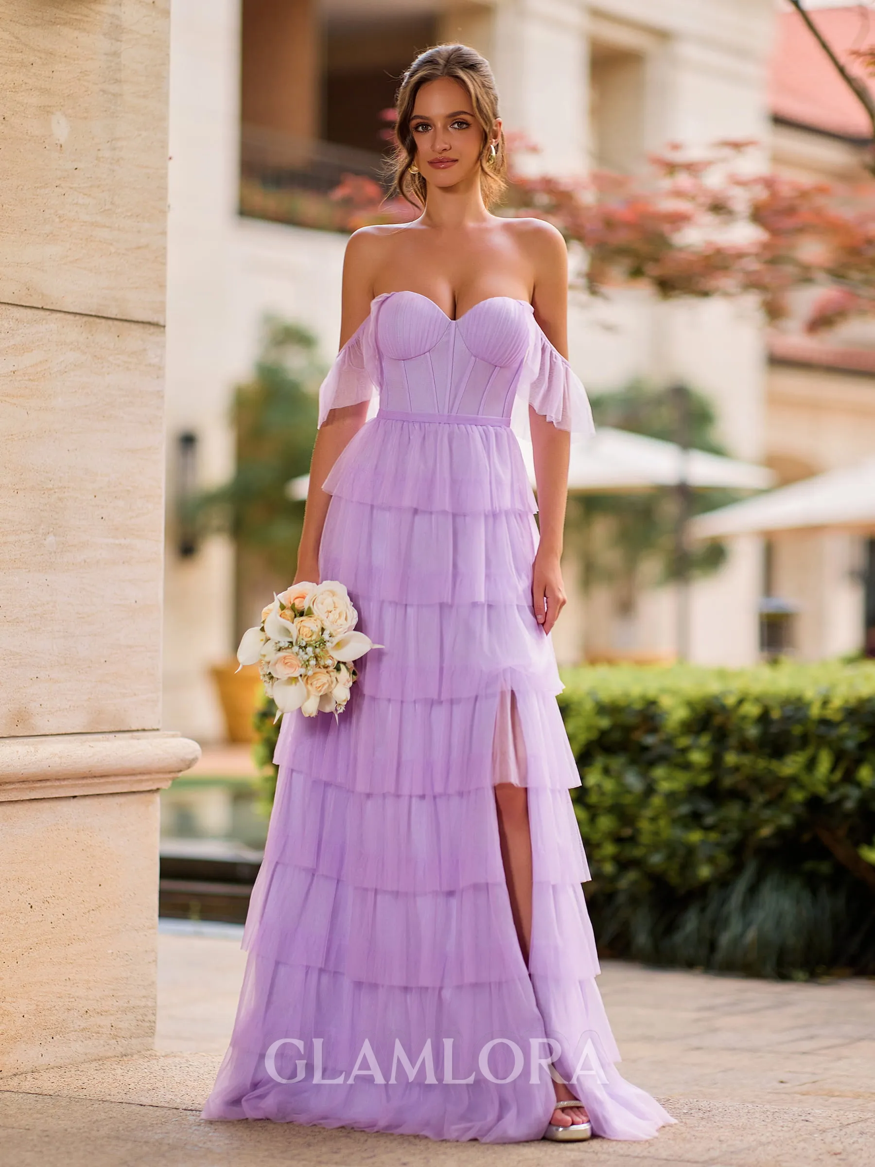 Perfect A-line Off-the-Shoulder Cascading Ruffles Floor-Length Tulle Corset Bridesmaid Dress