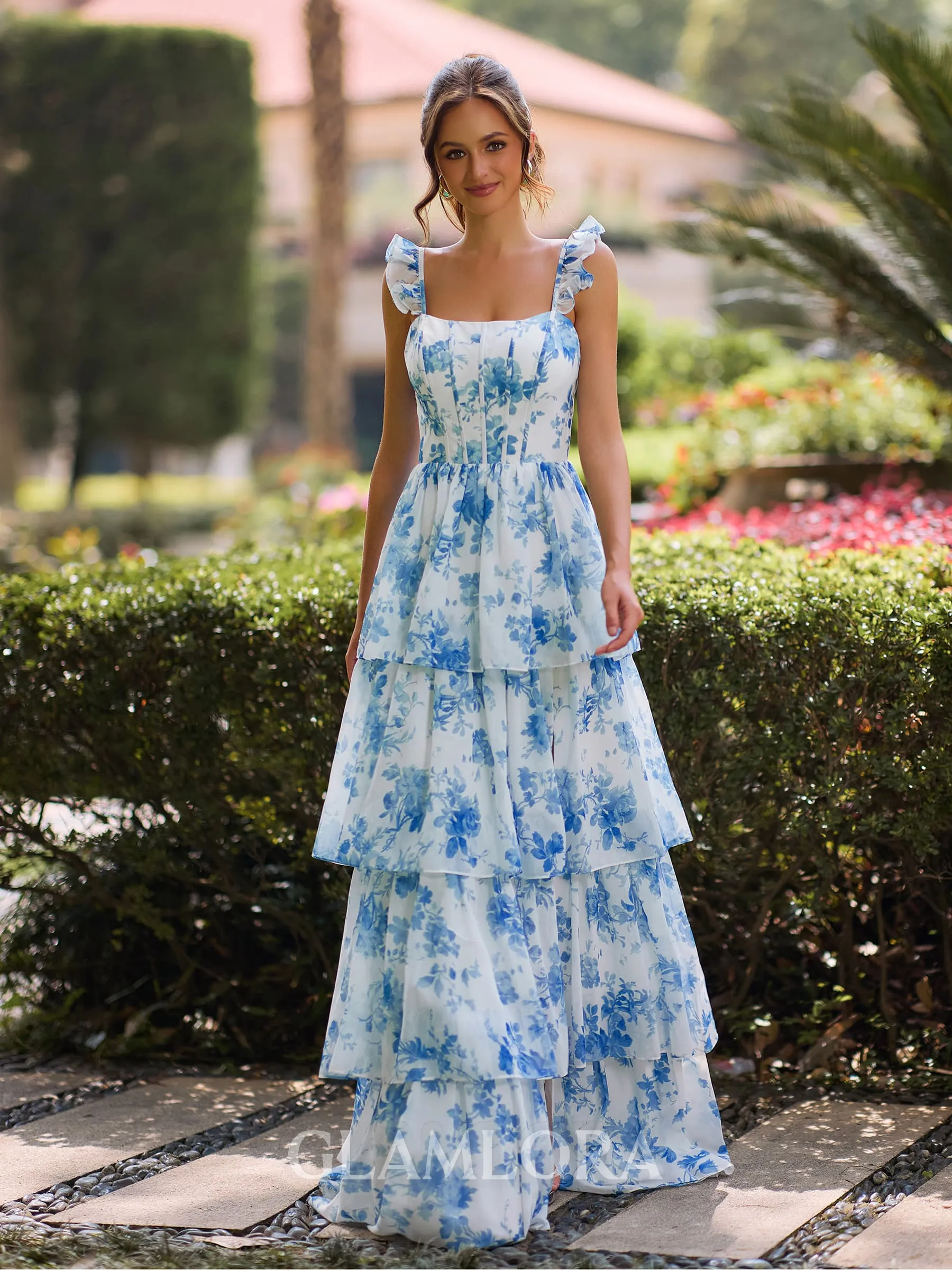 Unique A-line Square Cascading Ruffles Floor-Length Corset Bridesmaid Dress