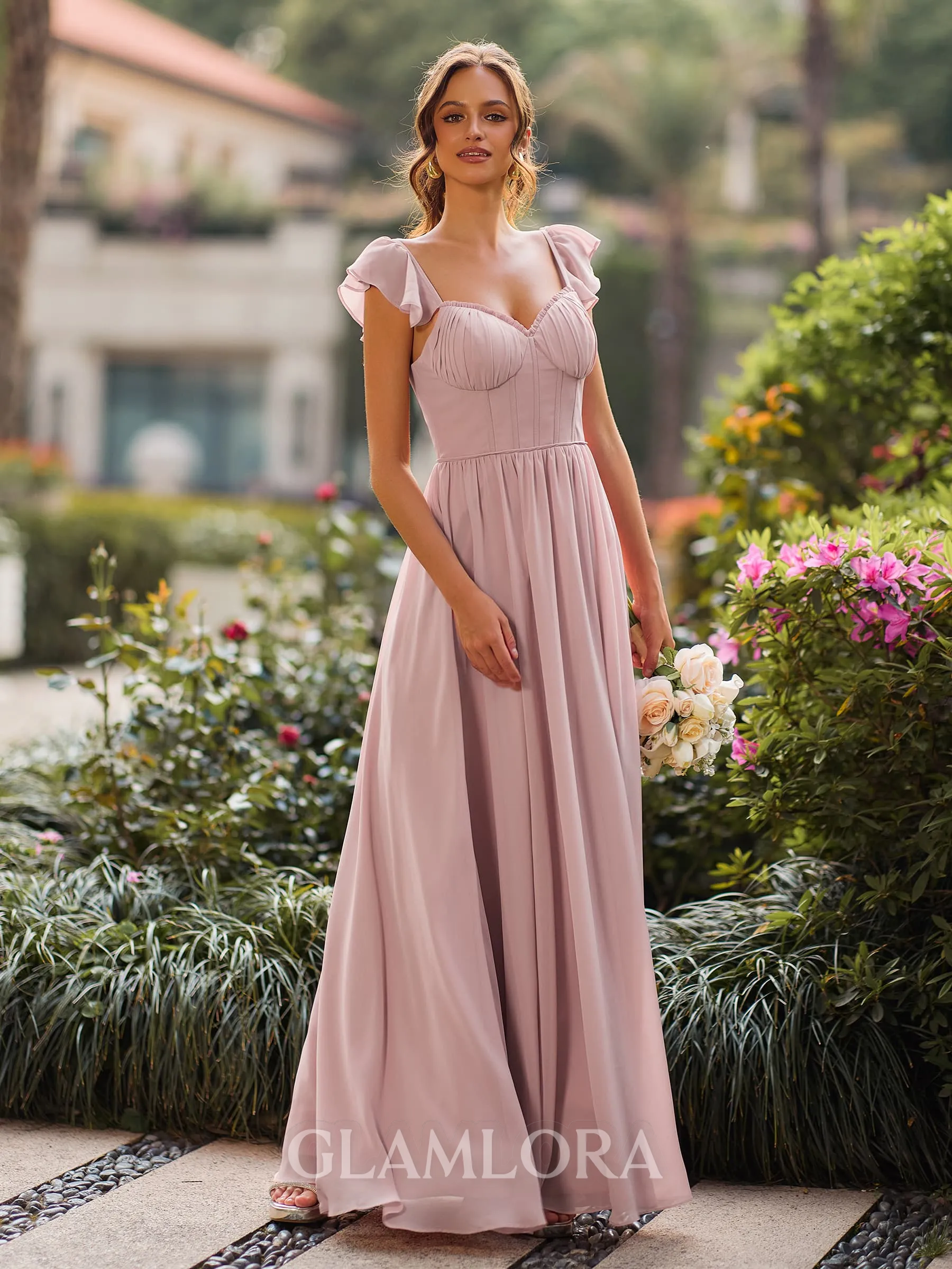 Hot A-line Straps Ruffles Floor-Length Chiffon Corset Bridesmaid Dress