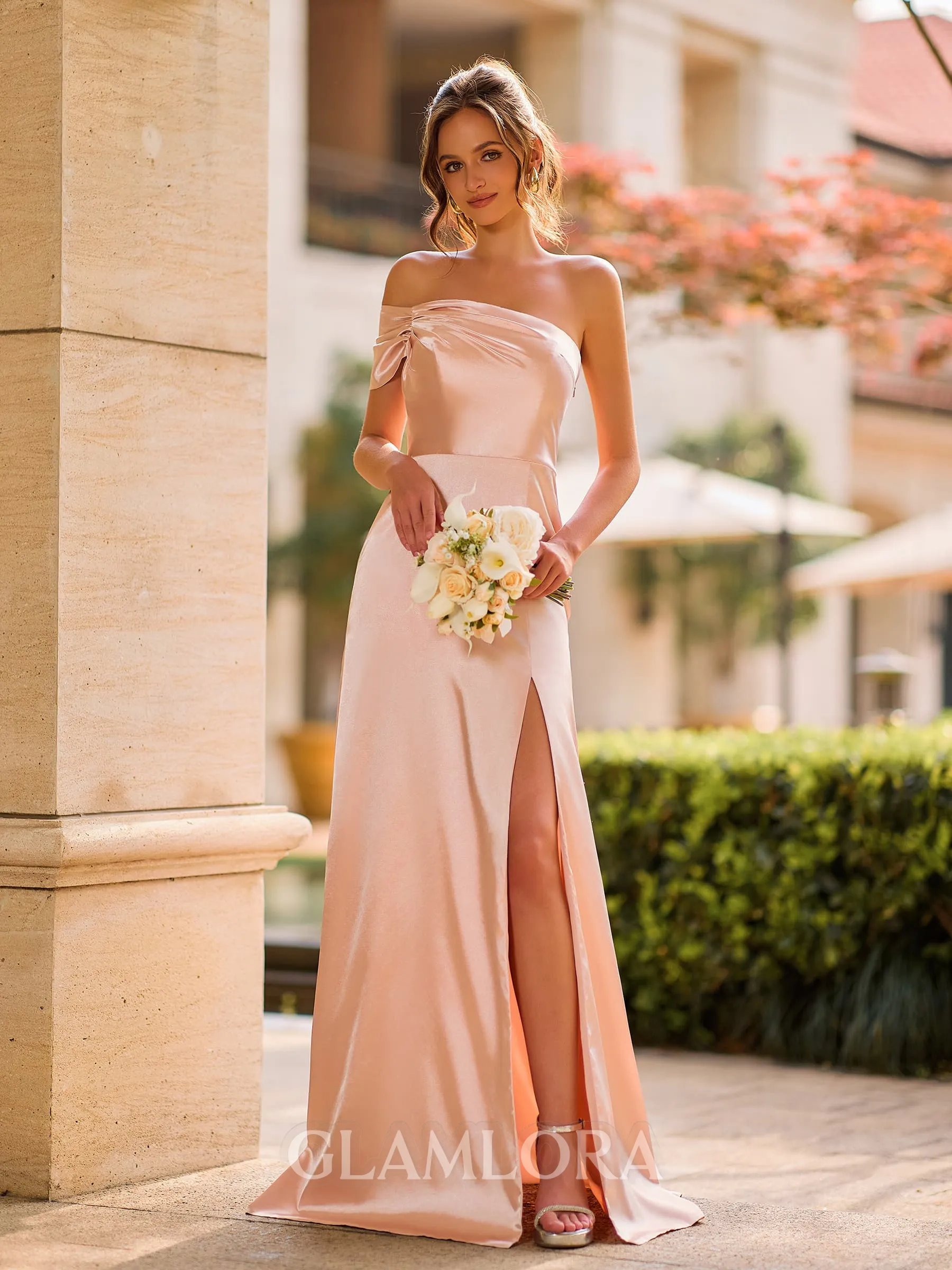 Elegant Sheath One-Shoulder Pleated Floor-Length Silk Like Satin Bridesmaid Dress