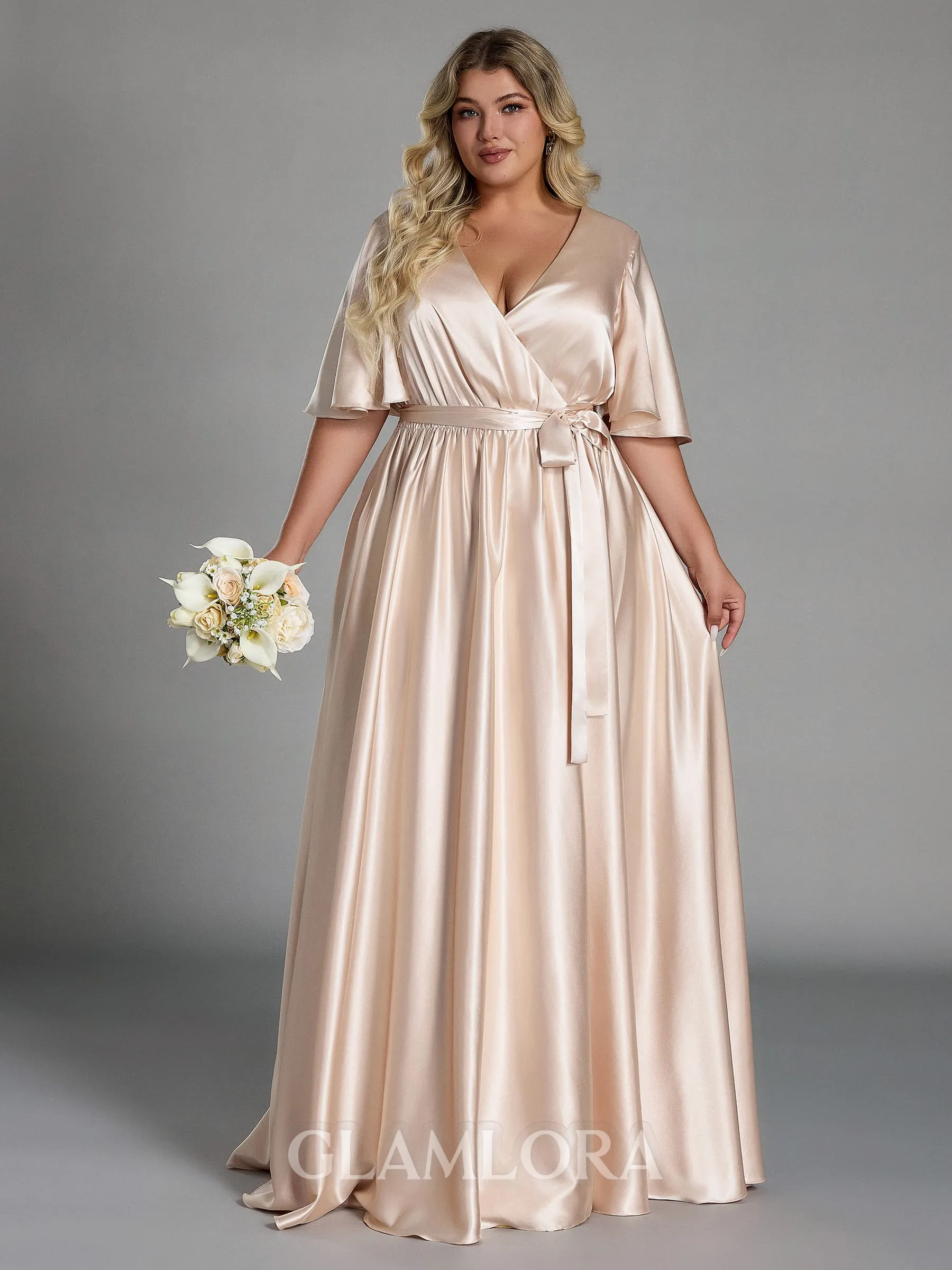 Glamorous A-line V-Neck Short Sleeves Sash/Ribbon/Belt Floor-Length Silk Like Satin Corset Plus Size Bridesmaid Dress