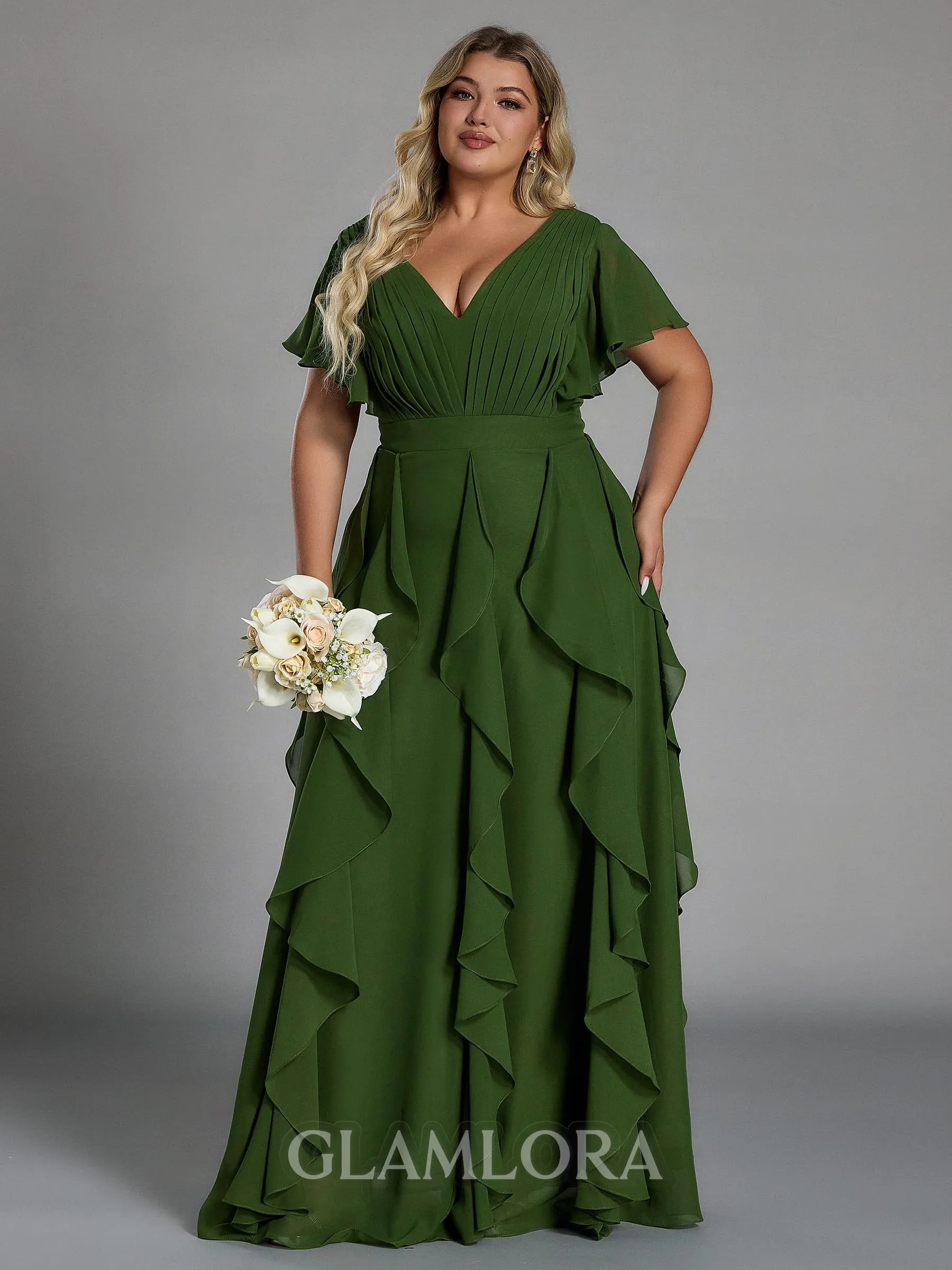 Delicate A-line V-Neck Short Sleeves Ruffles Floor-Length Chiffon Corset Plus Size Bridesmaid Dress