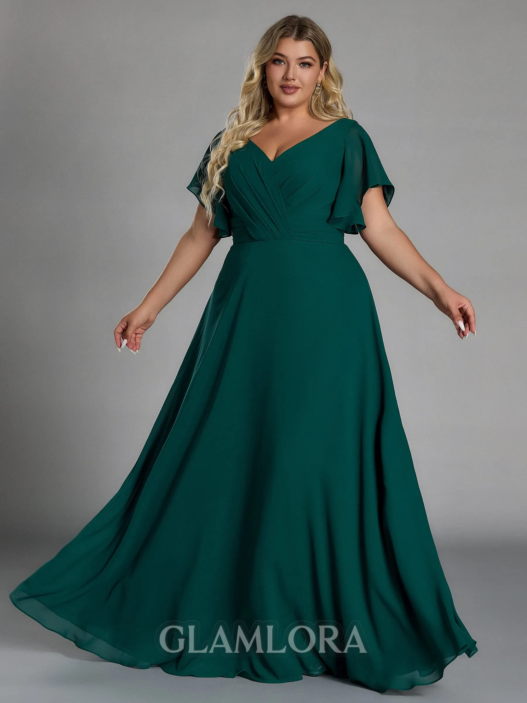 Gorgeous A-line V-Neck Short Sleeves Pleated Floor-Length Chiffon Corset Plus Size Bridesmaid Dress