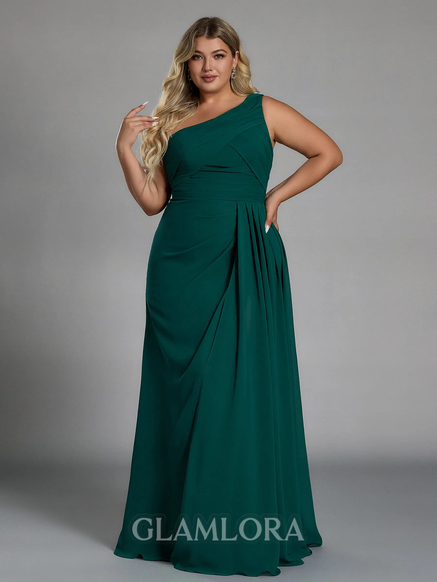 Breathtaking A-line One-Shoulder Pleated Floor-Length Chiffon Corset Plus Size Bridesmaid Dress