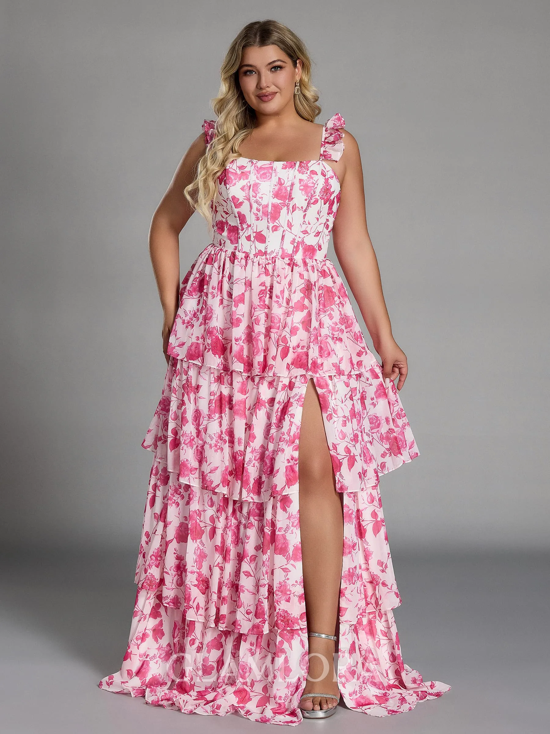 Exquisite A-line Straps Cascading Ruffles Floor-Length Corset Plus Size Bridesmaid Dress