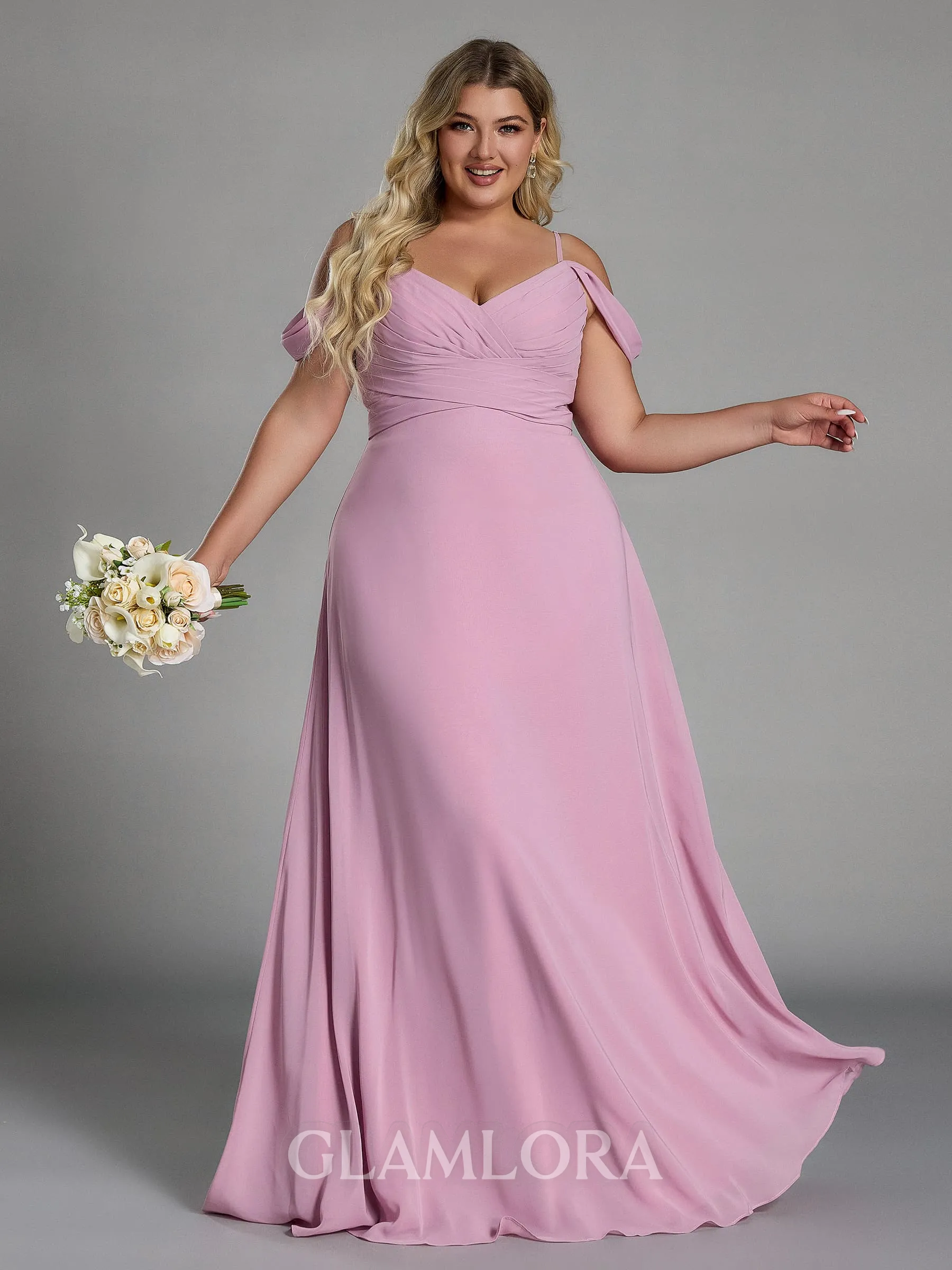 Mesmerizing A-line Cold Shoulder Pleated Floor-Length Chiffon Corset Plus Size Bridesmaid Dress