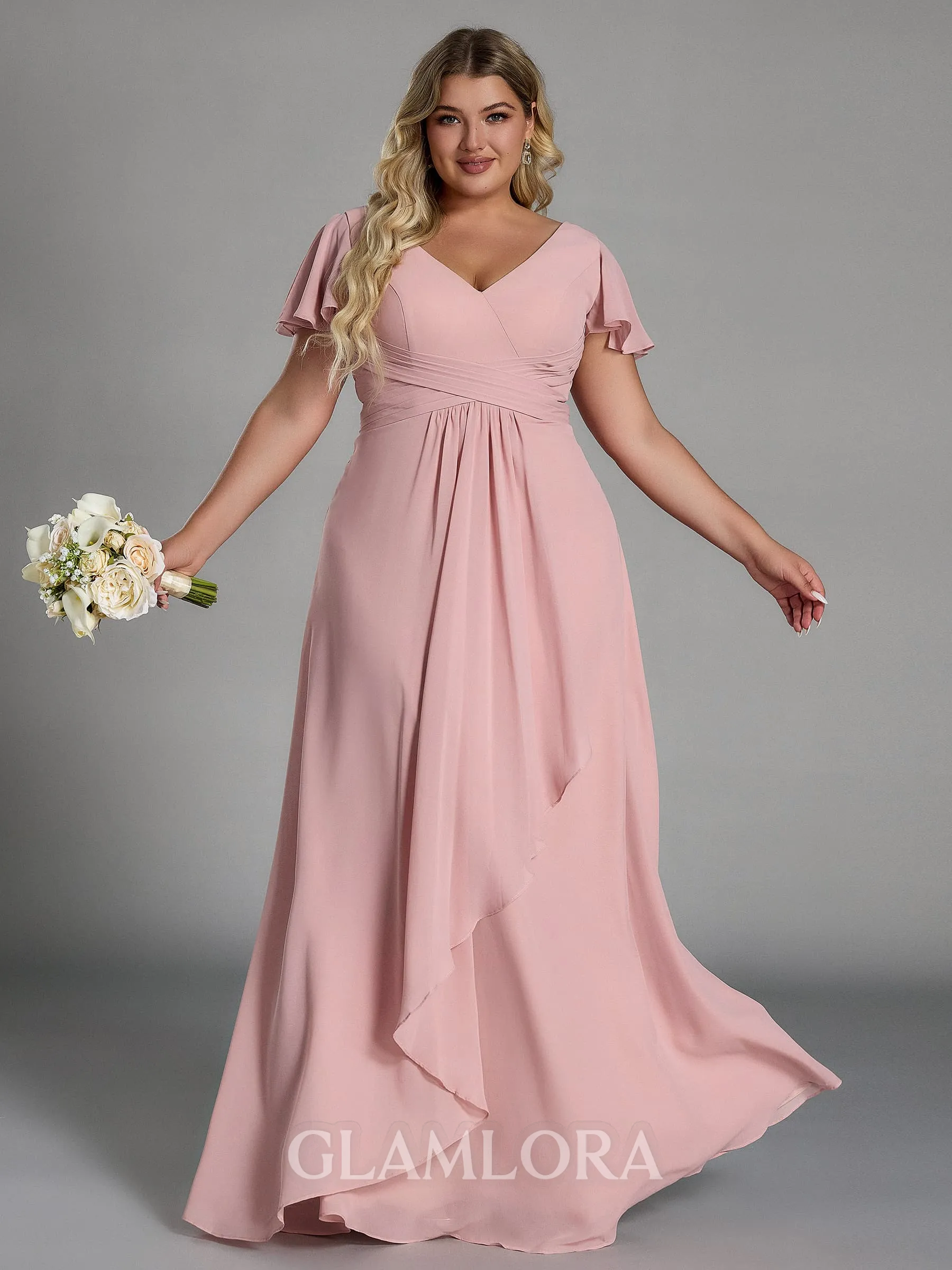 Enchanting A-line V-Neck Short Sleeves Pleated Floor-Length Chiffon Corset Plus Size Bridesmaid Dress