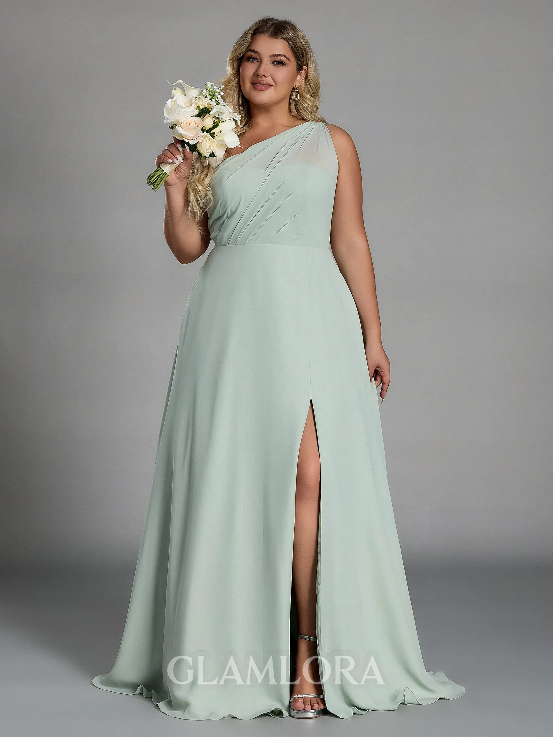 Trendy A-line One-Shoulder Pleated Floor-Length Chiffon Plus Size Bridesmaid Dress
