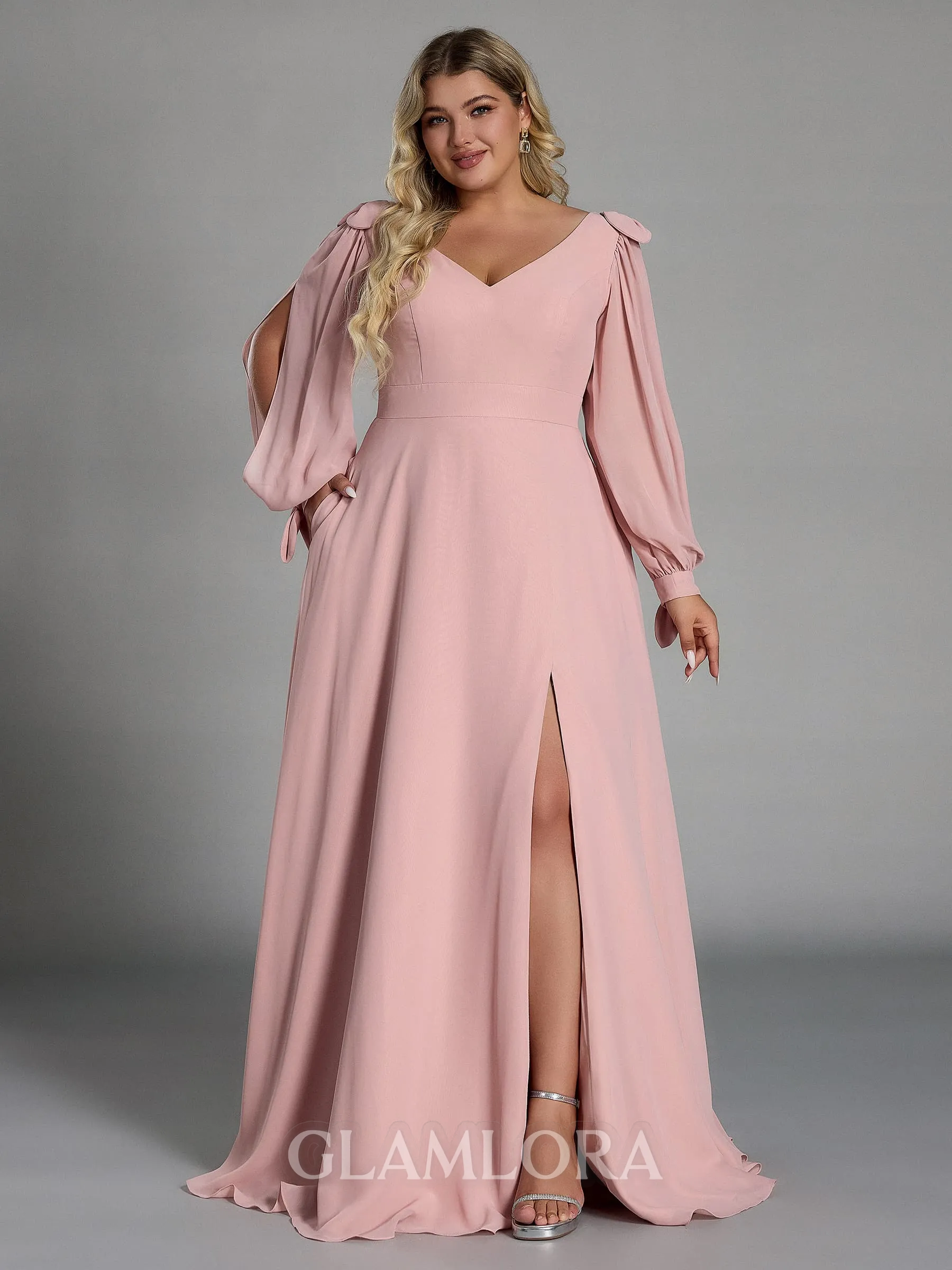 Glamorous A-line V-Neck Long Sleeves Bow Floor-Length Chiffon Plus Size Bridesmaid Dress