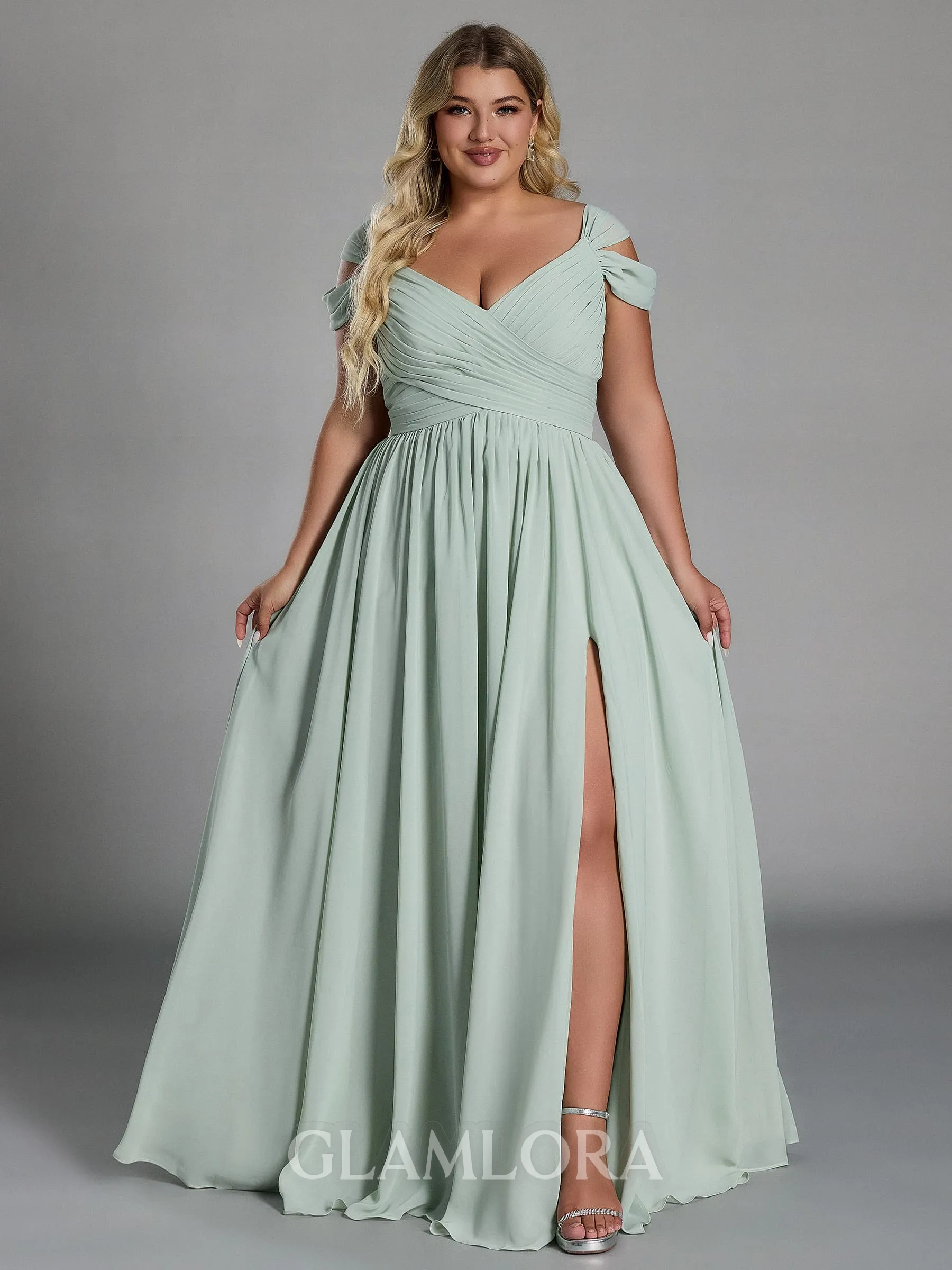 Charming A-line Cold Shoulder Pleated Floor-Length Chiffon Corset Plus Size Bridesmaid Dress