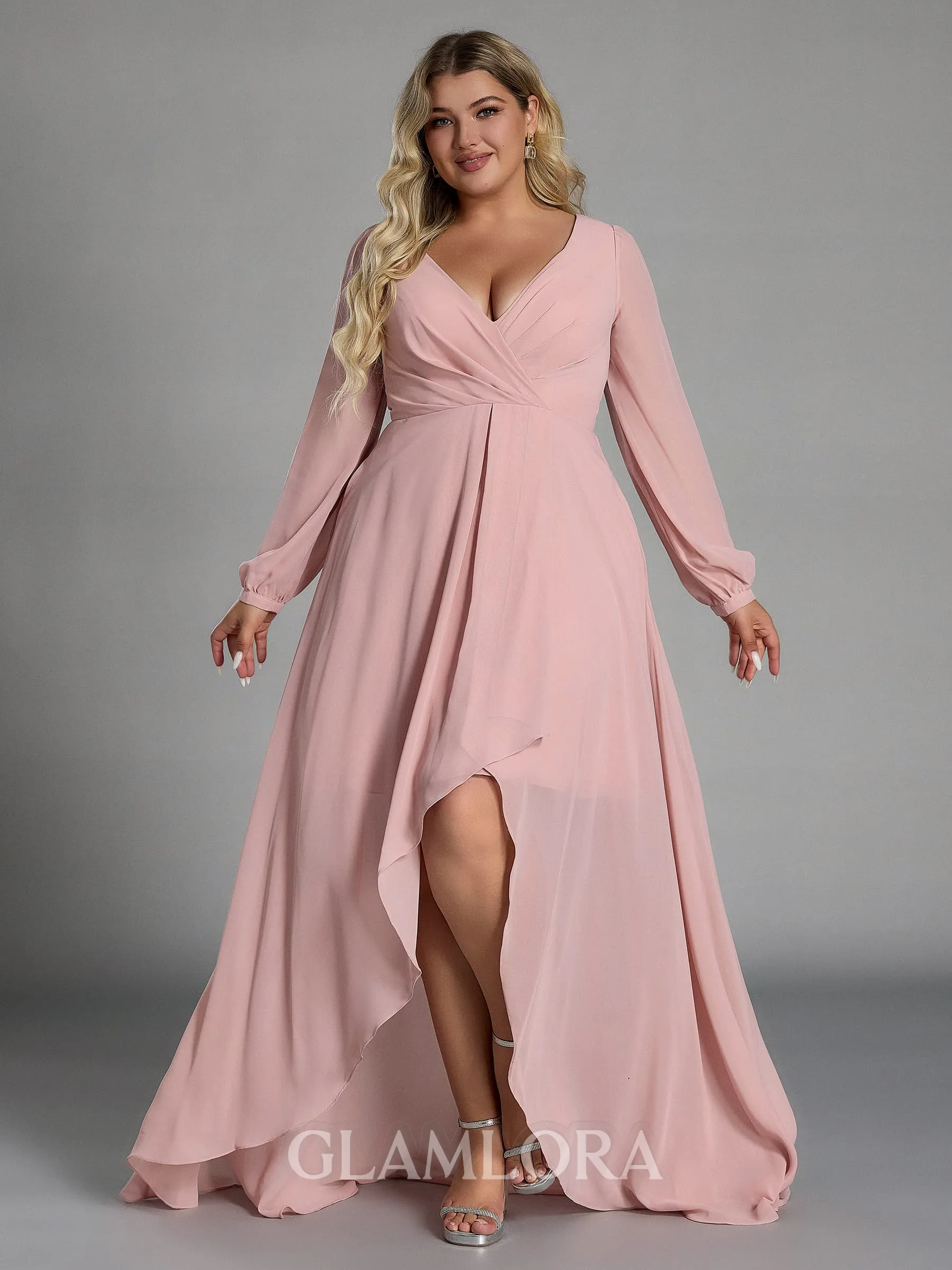 Hot A-line V-Neck Long Sleeves Pleated Asymmetrical Chiffon Plus Size Bridesmaid Dress