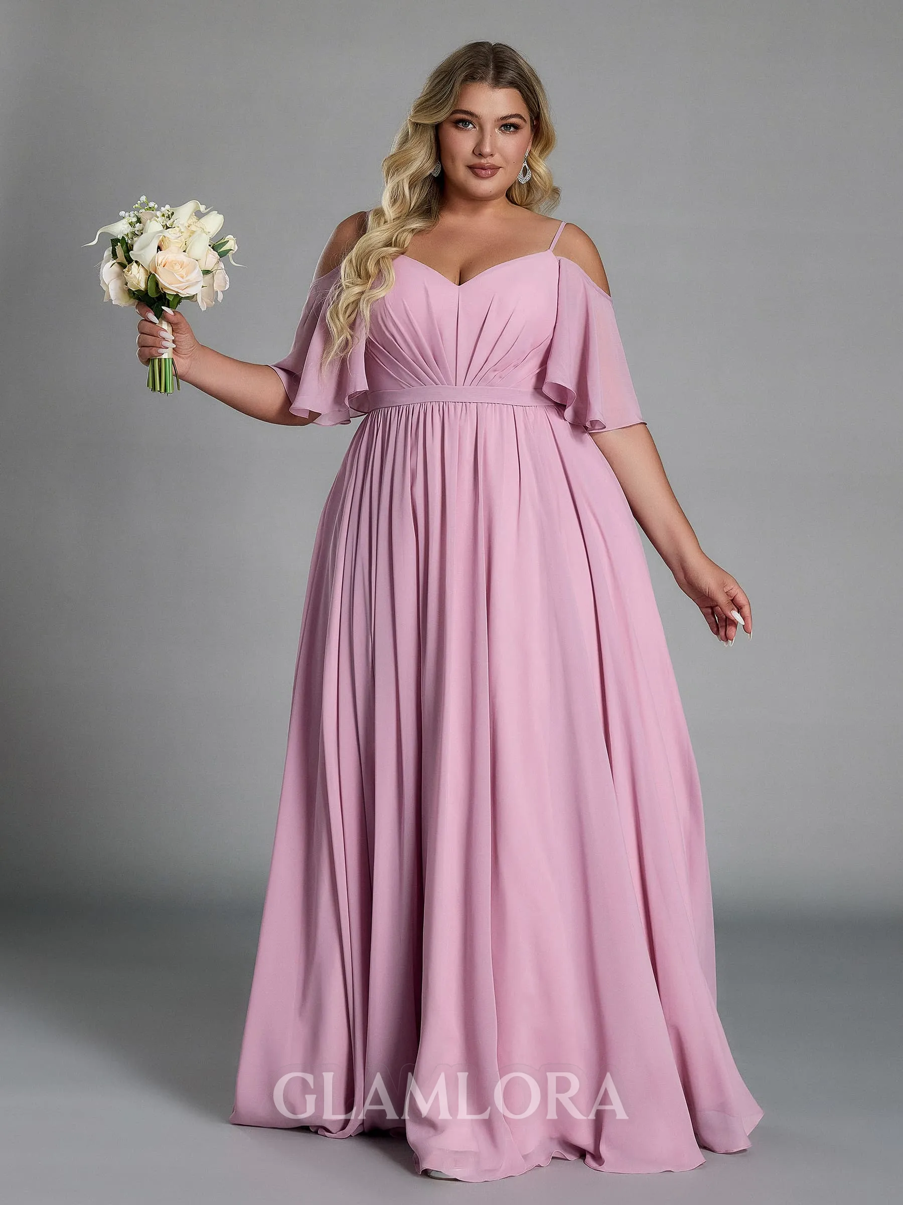 Charming A-line Cold Shoulder Short Sleeves Pleated Floor-Length Chiffon Plus Size Bridesmaid Dress