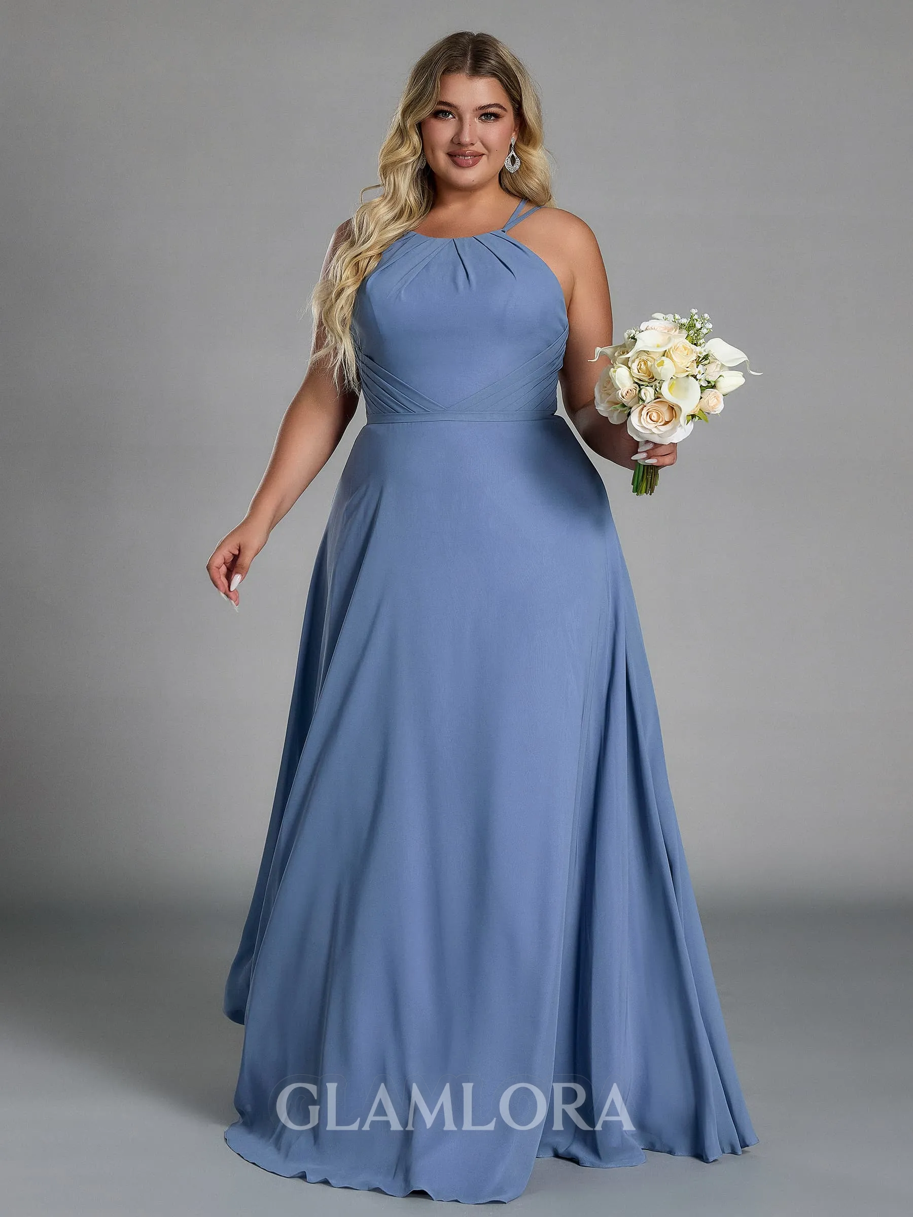 Magnificent A-line Halter Pleated Floor-Length Chiffon Corset Plus Size Bridesmaid Dress