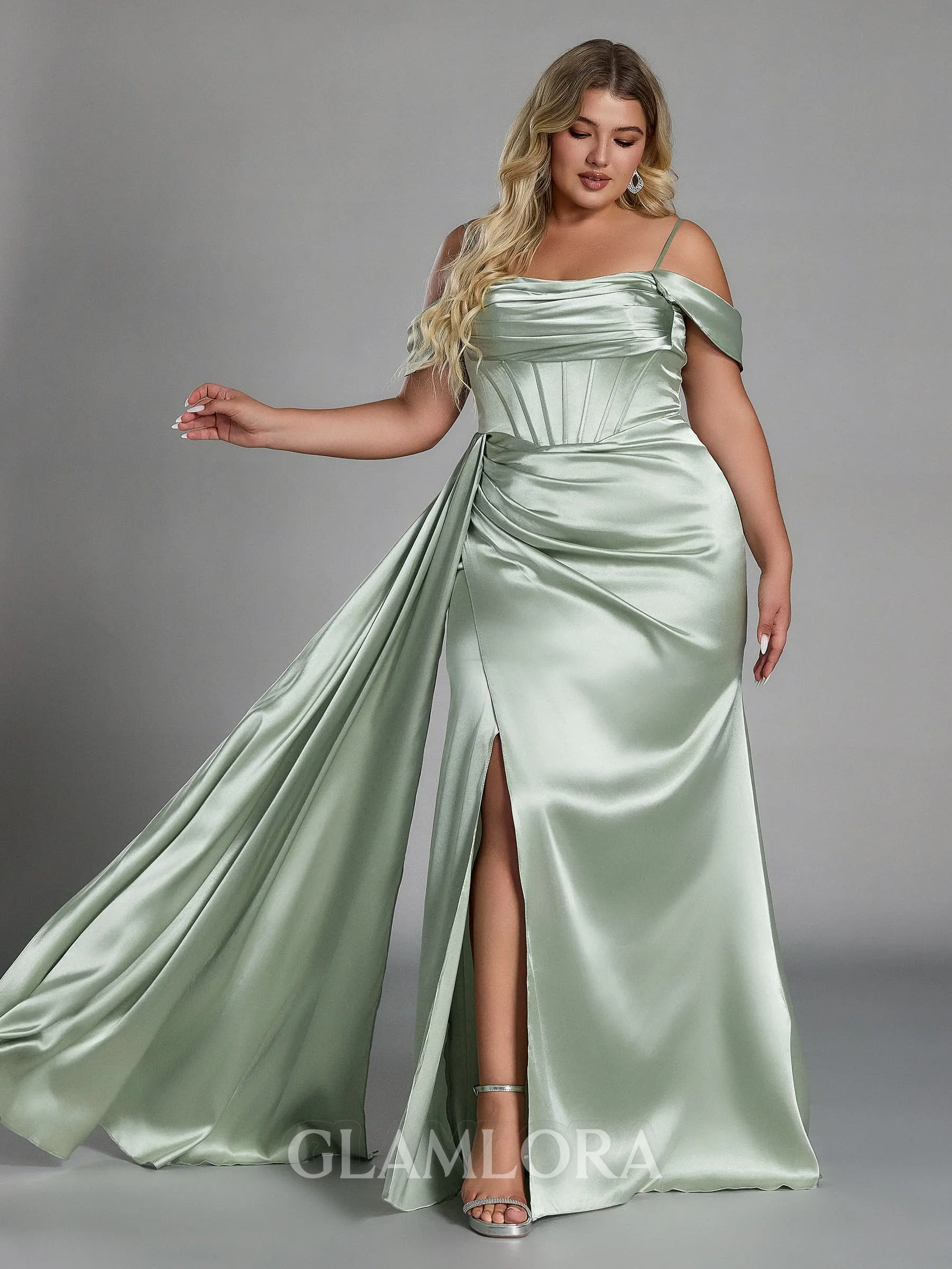 Glamorous Sheath Pleated Floor-Length Silk Like Satin Corset Convertible Plus Size Bridesmaid Dress