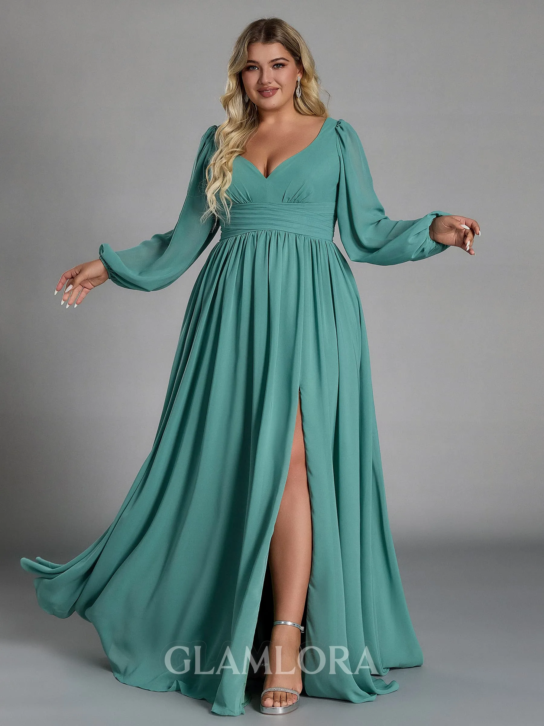 Fashion-forward A-line V-Neck Long Sleeves Pleated Floor-Length Chiffon Plus Size Bridesmaid Dress