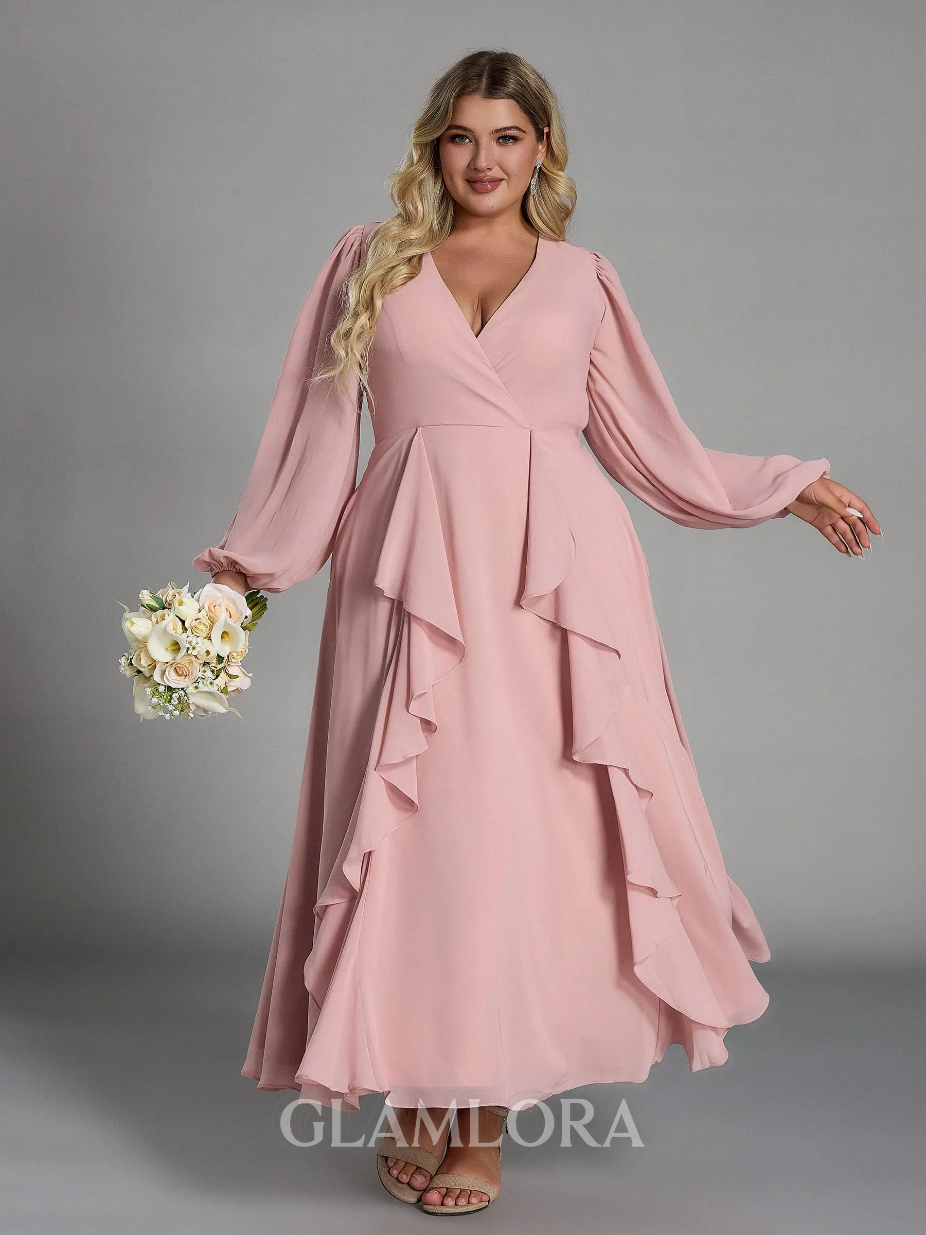 Delicate A-line V-Neck Long Sleeves Ruffles Tea-Length Chiffon Corset Plus Size Bridesmaid Dress